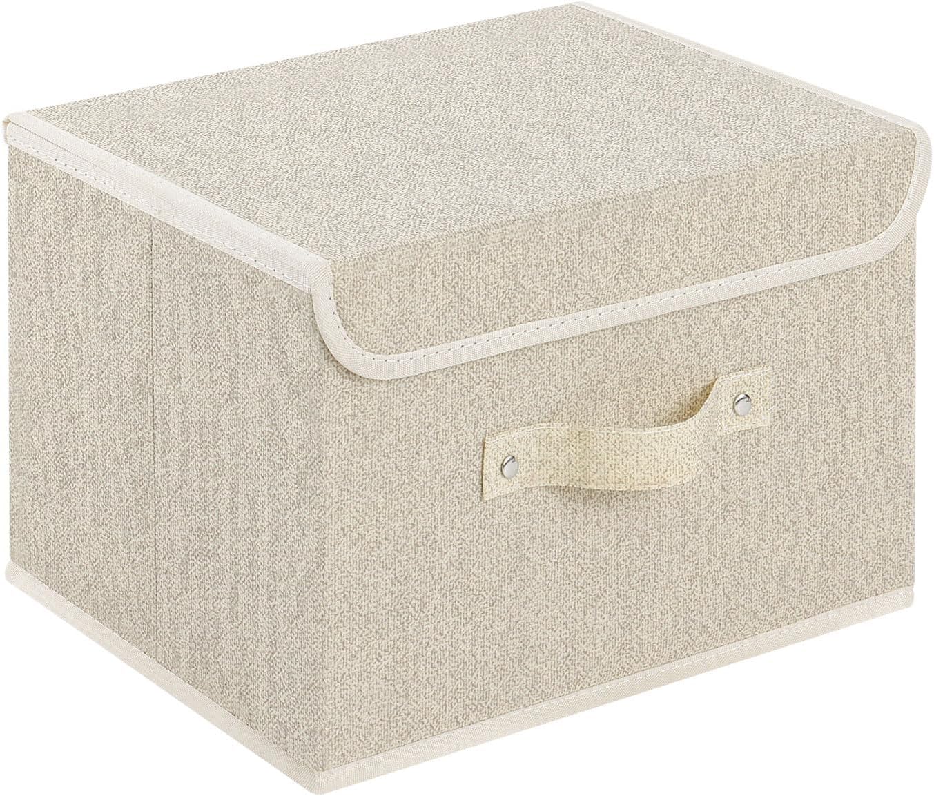 Storage Boxes, Collapsible Storage Bins with Lids, Cotton and linen cloth Storage Baskets Washable with Handle, for Books, Closet, Bedroom, Home, 10.2×7.9×6.7 in, Grey and Beige