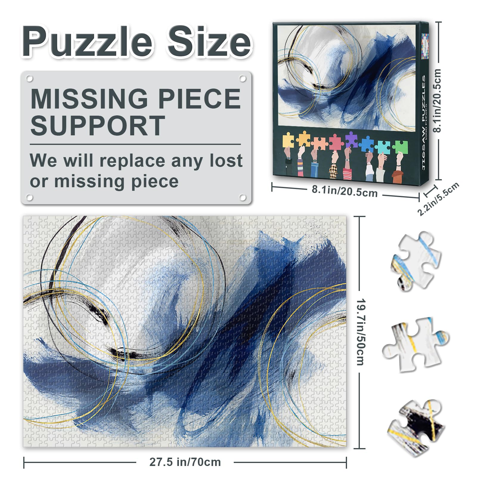 1000 Piece Jigsaw Puzzle, Abstract Circle Doodle Art Paintings Blue Fantasy Graffiti, 50x70cm Complex Artwork Parlour Games - Image 3