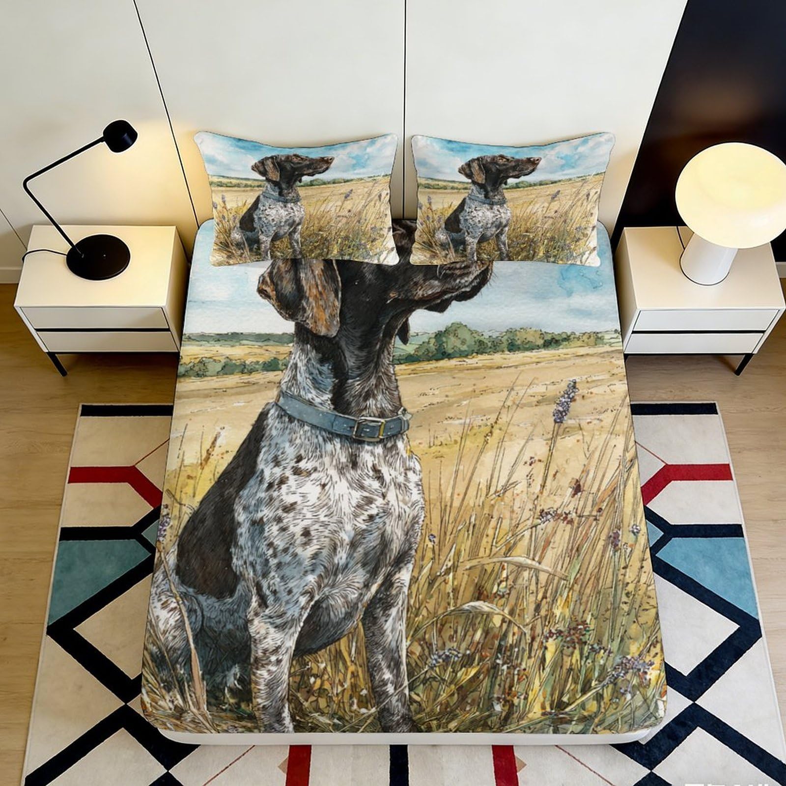 3D Printed Hunting Dog Fitted Sheet Microfiber Soft Durable Field Pattern Bed Cover for Bedroom Guest Room Dormitory Mattress Protection 120x200x25cm