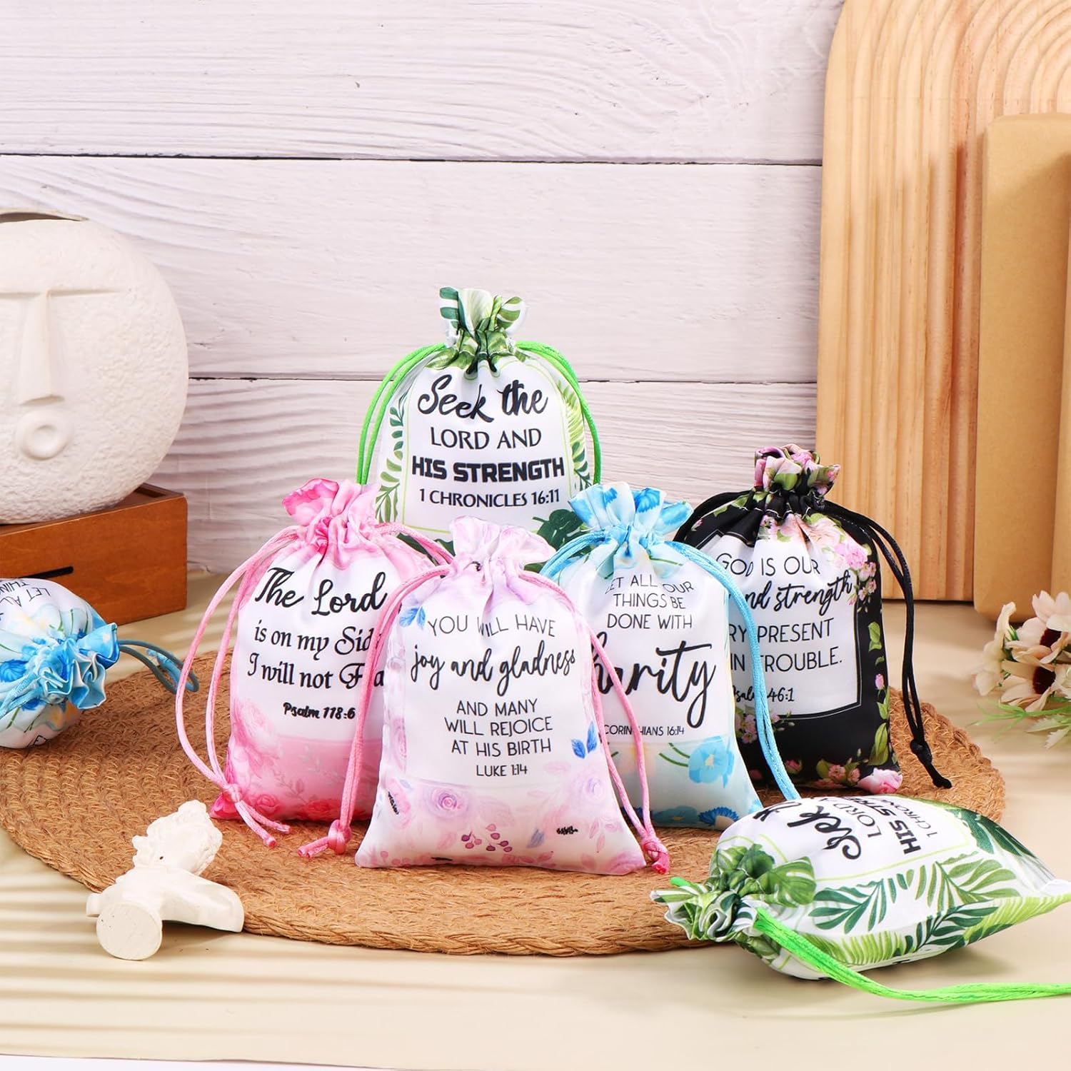 Furbeko 90 Pcs Floral Christian Bible Verse Gifts Bags with Drawstring 4 x 6 Inch Religious Candy Gifts Wrapping Bag for Women Wedding Party Jewelry Favor - Image 5