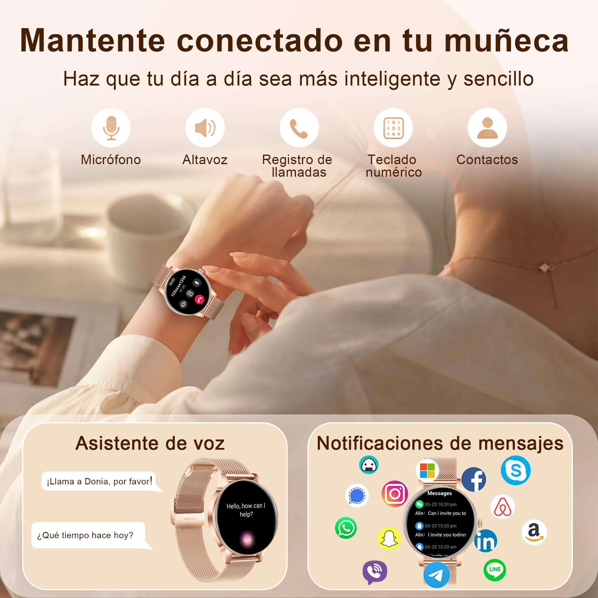 Reloj Inteligente Mujer con Llamadas Bluetooth, 1.27" HD Redonda | Reloj Salud para Android iOS, Monitor Sueño, Podómetro, Pulsómetro, 110+ Deportes, IP68 Impermeable,Oro Rosa