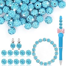 Clay Rhinestone Beads for Crafting, 10MM Aquamarine Round Shamballa Disco Ball Beads for Pens Making, Sparkle Crystal Clay Bead for Jewelry Necklace Bracelet Earring Making 50Pcs