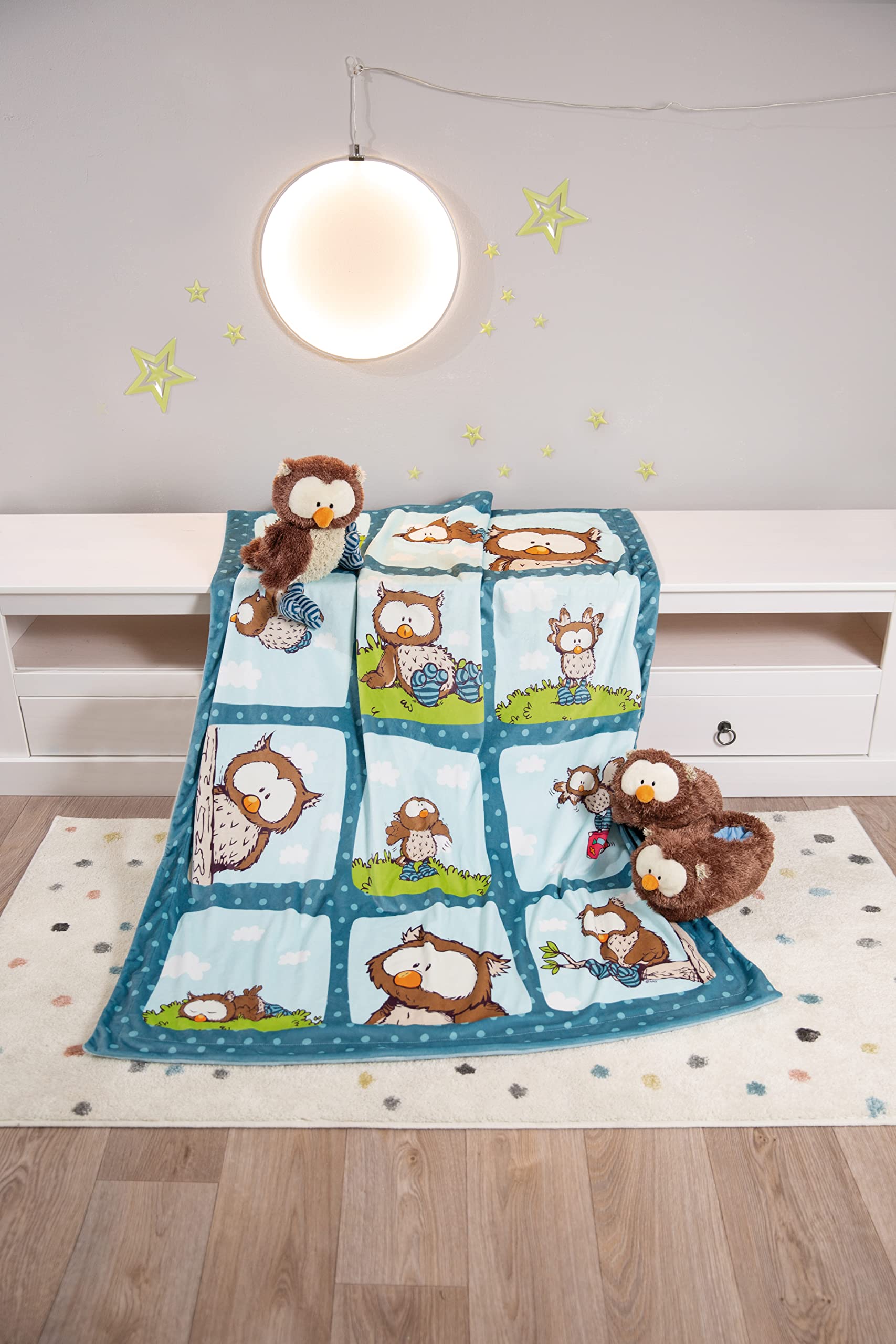 NICI- Auto Copertina Gufo Oscar 106 x 140 cm Blu Neonati Morbido Peluche-Coperta Calda Bambine, 48936