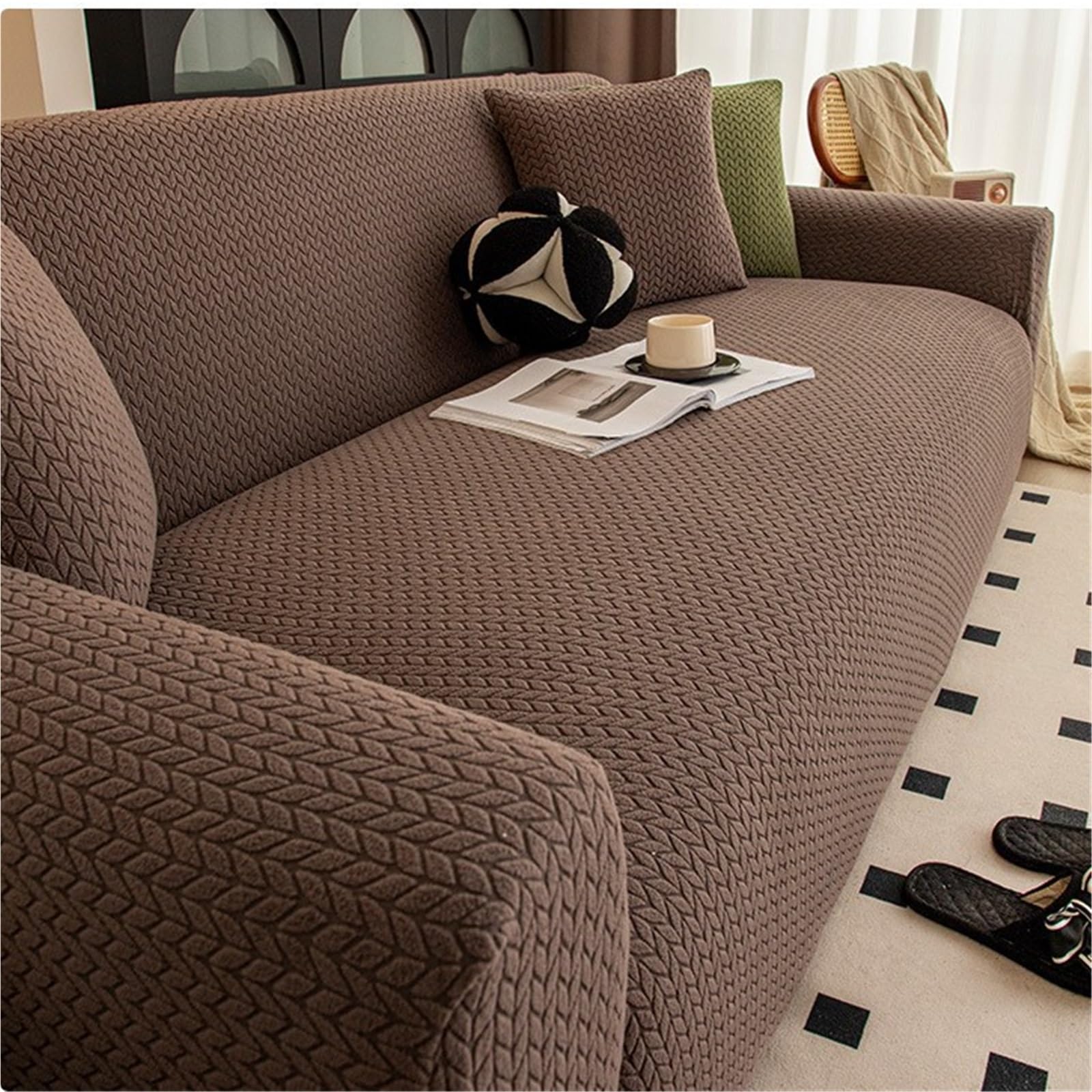Housse de canapé antidérapante extensible extensible 3 places couleur café lavable