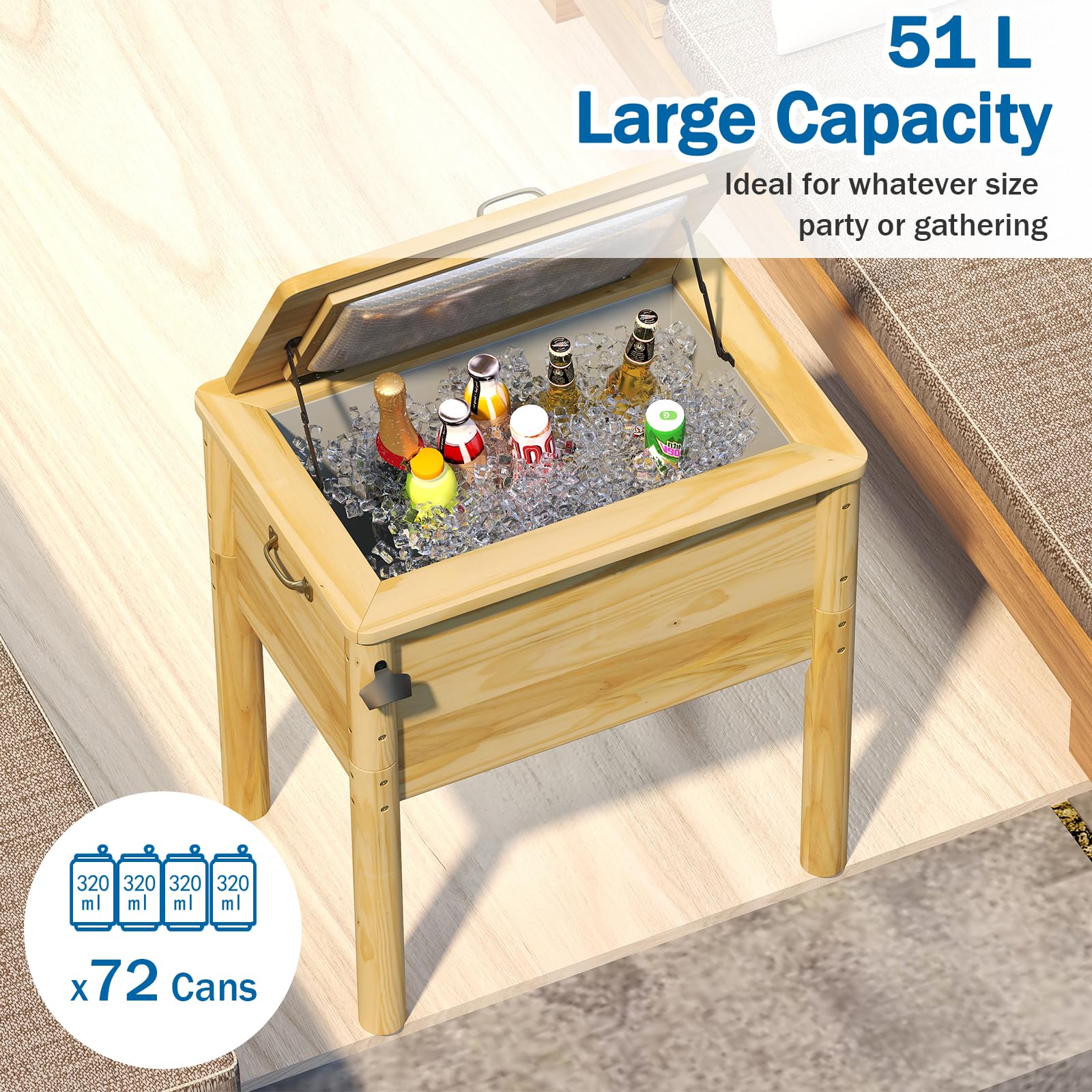SOARS Frigorifero per rotelle, 51 l, bar all'aperto mobile 67 x 47 x 74 cm, tempo di mantenimento 2-4 ore, materiale in legno di pino solido, per giardino, terrazza, piscina, bistrot, naturale
