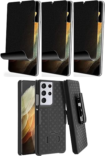 Funda y protector de pantalla compatible con Samsung Galaxy S21 Ultra - Funda con clip para cinturón y paquete de 3 protectores de pantalla de