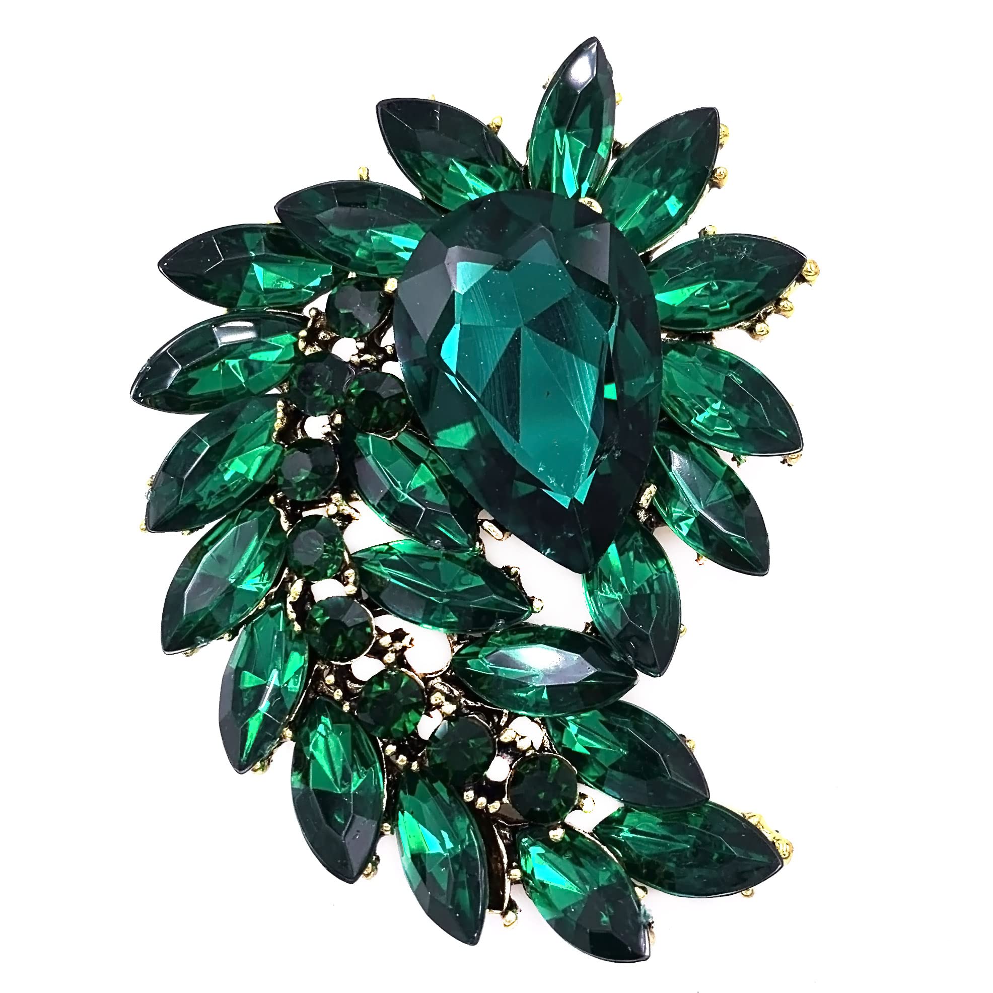 SELOVO Marquise Shape Rhinestone Red Leaf Costume Brooch Pin Jewelry Antiqued Gold Tone