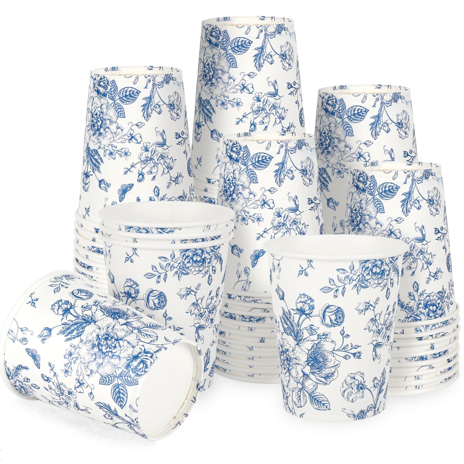 JarThenaAMCS 100Pcs Floral Paper Cups 9oz Blue White Flowers Disposable Cups Vintage Floral Party Drinking Cups for Cold Hold Drinks Party Supplies