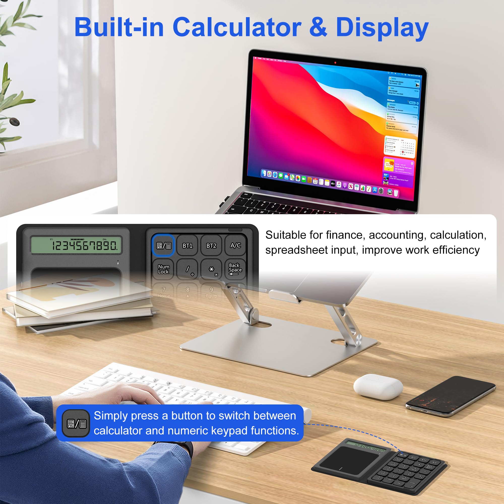Tastierino numerico Bluetooth con calcolatrice & trackpad - Tastierino numerico wireless portatile pieghevole ricaricabile a 23 tasti, trackpad Bluetooth, inserimento dati e calcolo, track pad 3 in 1