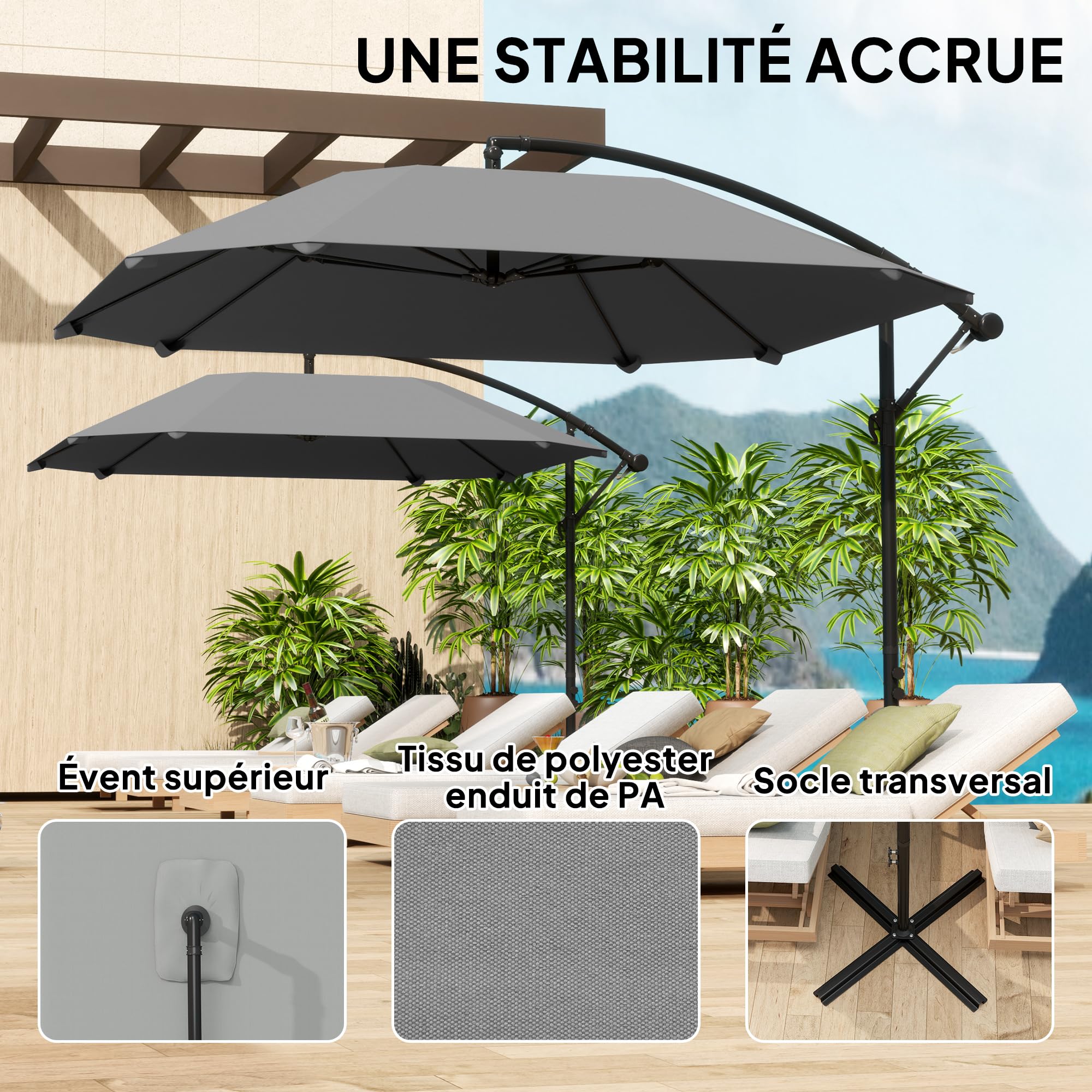 Outsunny Parasol Déporté Inclinable Base 304 x 260 x 245 cm Gris Foncé