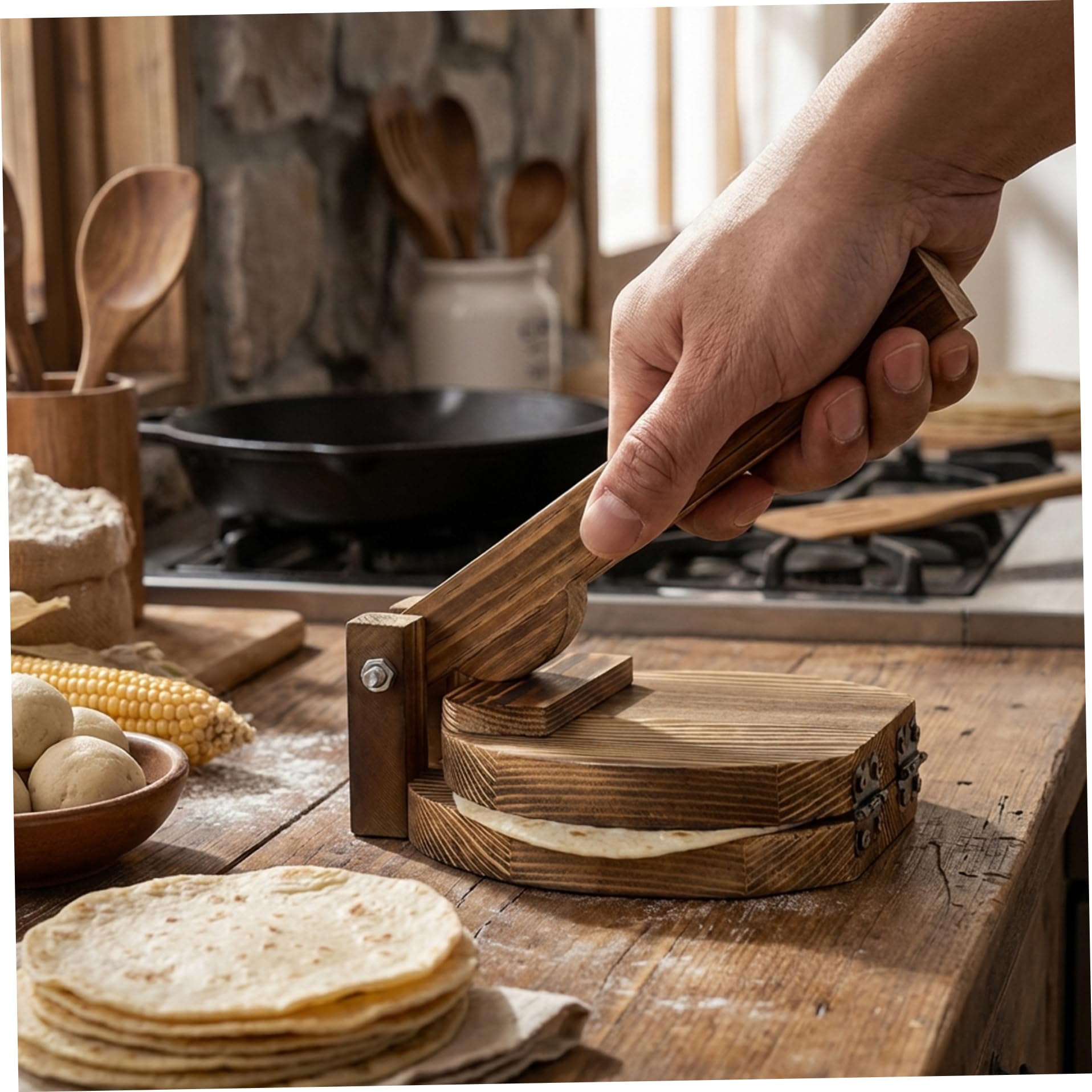 Prensa de tortillas de madera, máquina para hacer dumplings de alta resistencia para envoltorios y repostería |.Prensa de Masa de Madera Natural para Tortillas y Dumplings Caseros (Marrón Oscuro), De