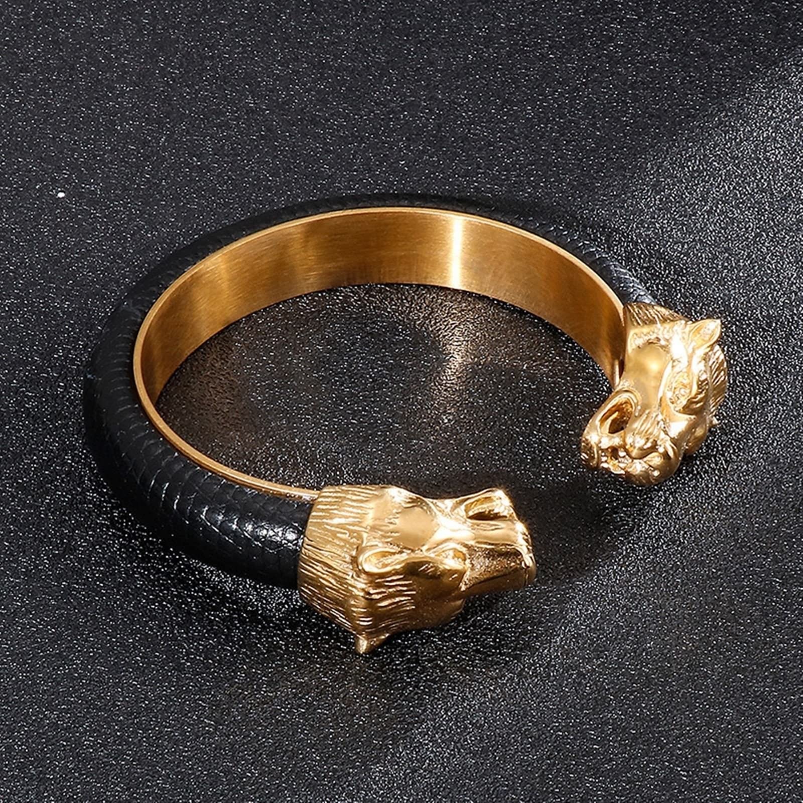 KnSam Armreif Leder Herren, Lederarmband Herren mit Gravur Offenes Wolfskopf Prächen Armbänder Edelstahl Handhandgelenk Kette, BFF Geschenke
