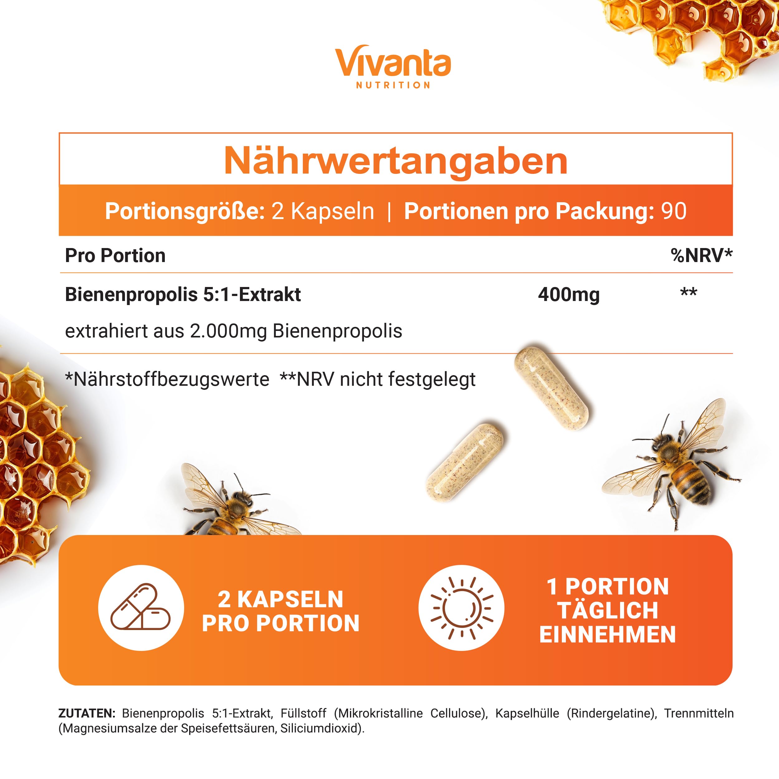 Propolis Kapseln – Hochdosierte Bee Propolis 5:1 Extrakt aus 2.000mg Rohpropolis – 3-Monatsvorrat – 180 Kapseln