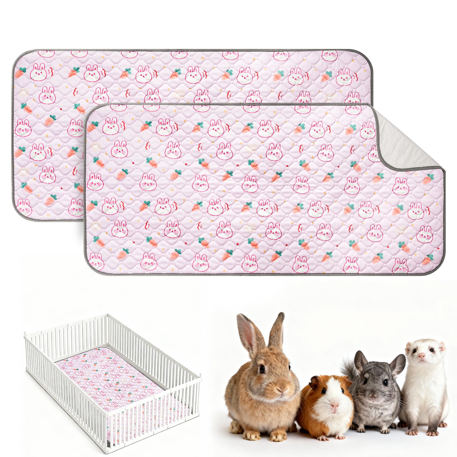 2 Pack Guinea Pig Cage Liners, 60x120cm Washable Rabbit Blankets for Cage,Waterproof Reusable Leak-Proof Rabbit Mat,Super Absorbent Non-Slip Guinea Pig Pee Pads Bedding for Small Animals Puppys-Pink