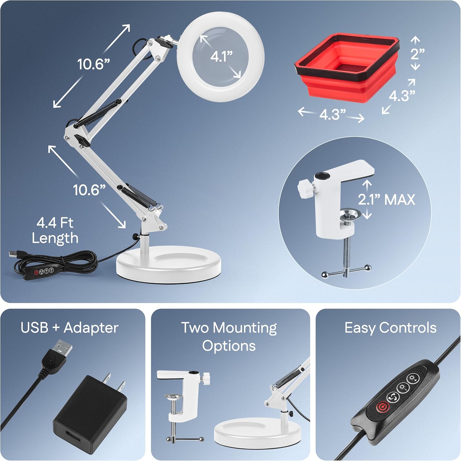 10X Magnifying Lamp - Desk Magnifying Glass with Light, Lighted Magnifying Glass with Stand, White Magnifying Light, 5 Color Modes, 2 Mounting Options, USB Cable, Adapter & Magnetic Tray