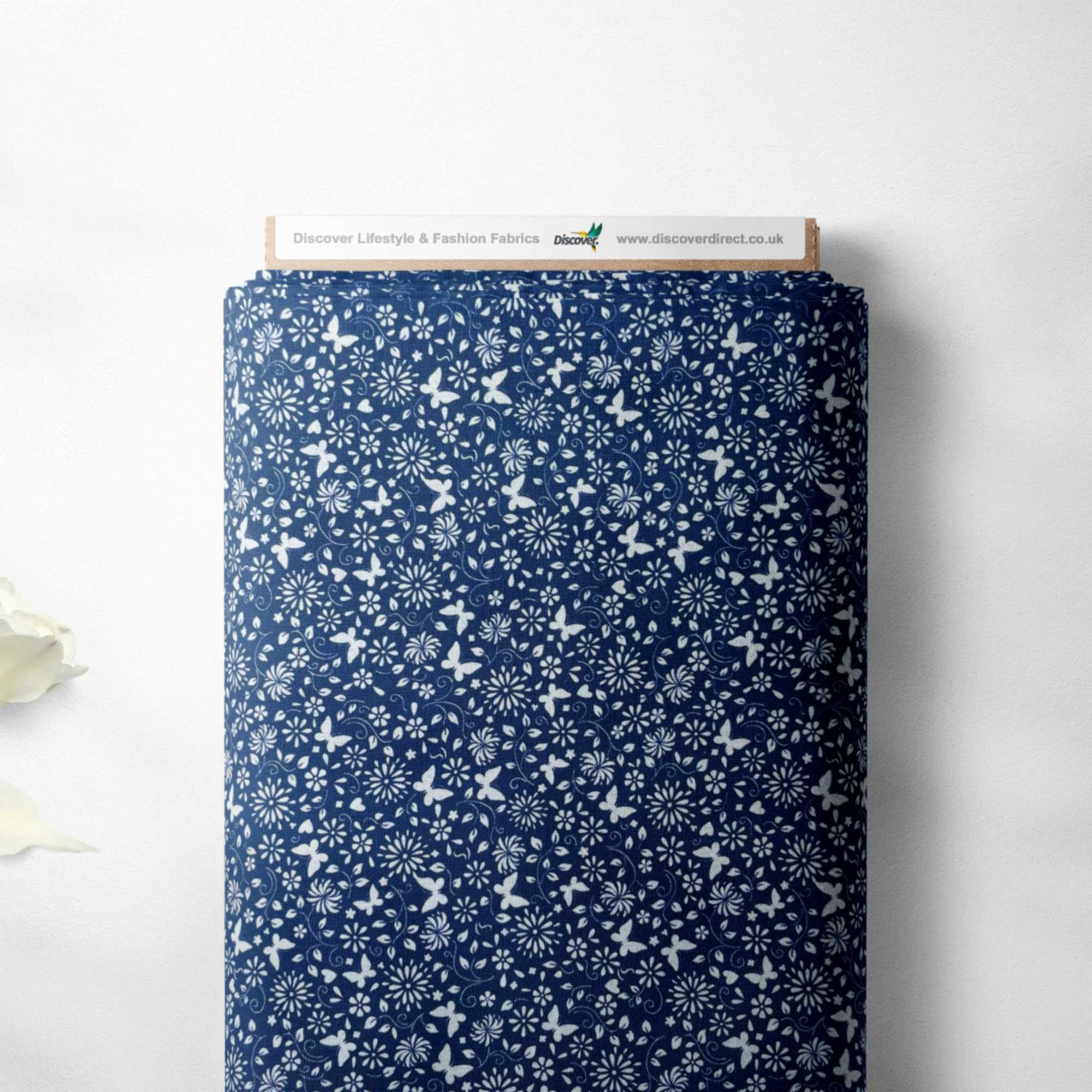 Floral Butterfly Flowers Abstract Design 100% Cotton Craft Quilting Patchwork Bunting Quality Sewing Project Fabric Material | 44" - 112 cm Wide (per Metre, Navy Blue/White)