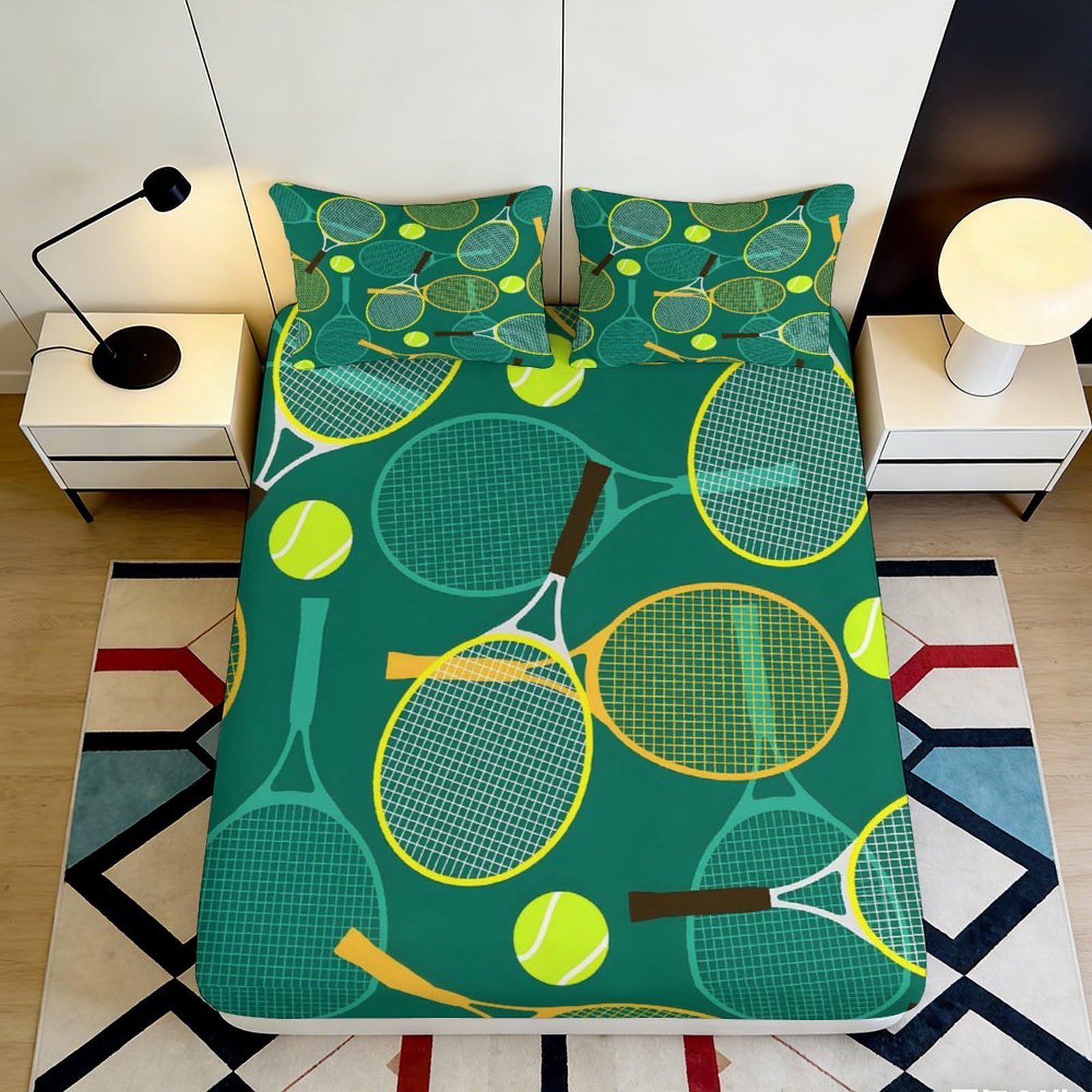 Jqzkxnhpbr Style-1 3D Printed Tennis Racket Fitted Sheet Microfiber Green Bed Cover Sports Ball Pattern For Bedroom Dorm Mattress Protector 90X200x25cm