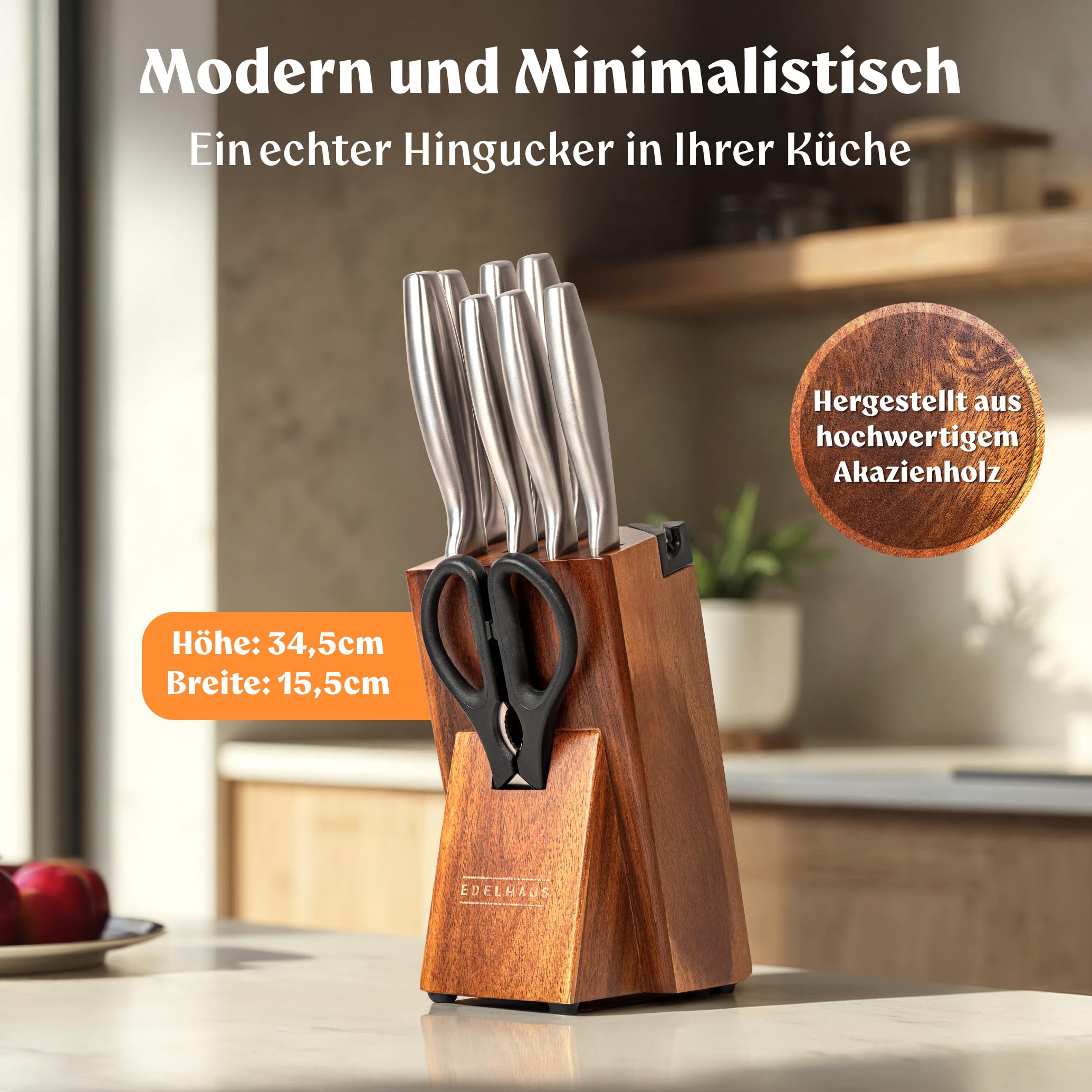 EDELHAUS Messerblock mit Messer - 9-Teiliges Profi Messerset mit Block & Integriertem Messerschärfer, Küchenmesser Set aus X50CRMOV15 Edelstahl, Edelstahlgriffe Messer Set mit Schere, Akazienholzblock