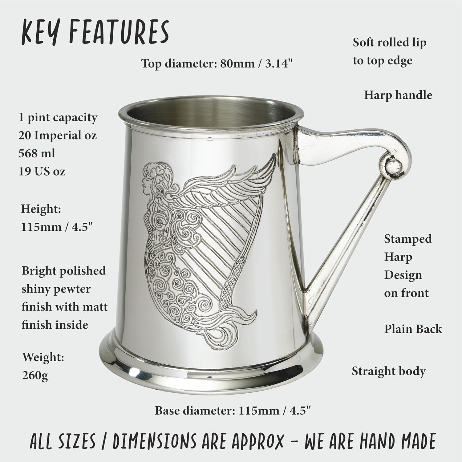 Wentworth Pewter - Irish Harp 1 Pint Pewter Tankard
