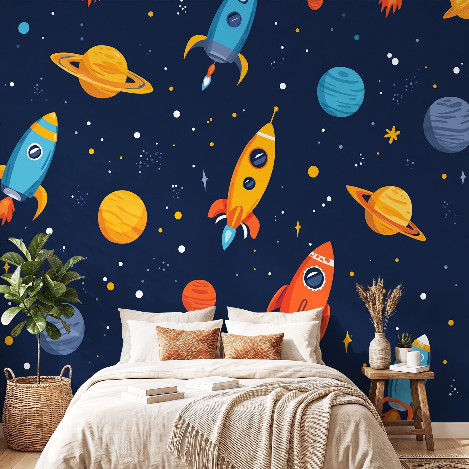 Générique Tapeta z kreskówek przestrzeń zabawa panoramiczna tapeta 350 x 256 cm do salonu dekoracja pokoju dziecięcego rakieta planeta