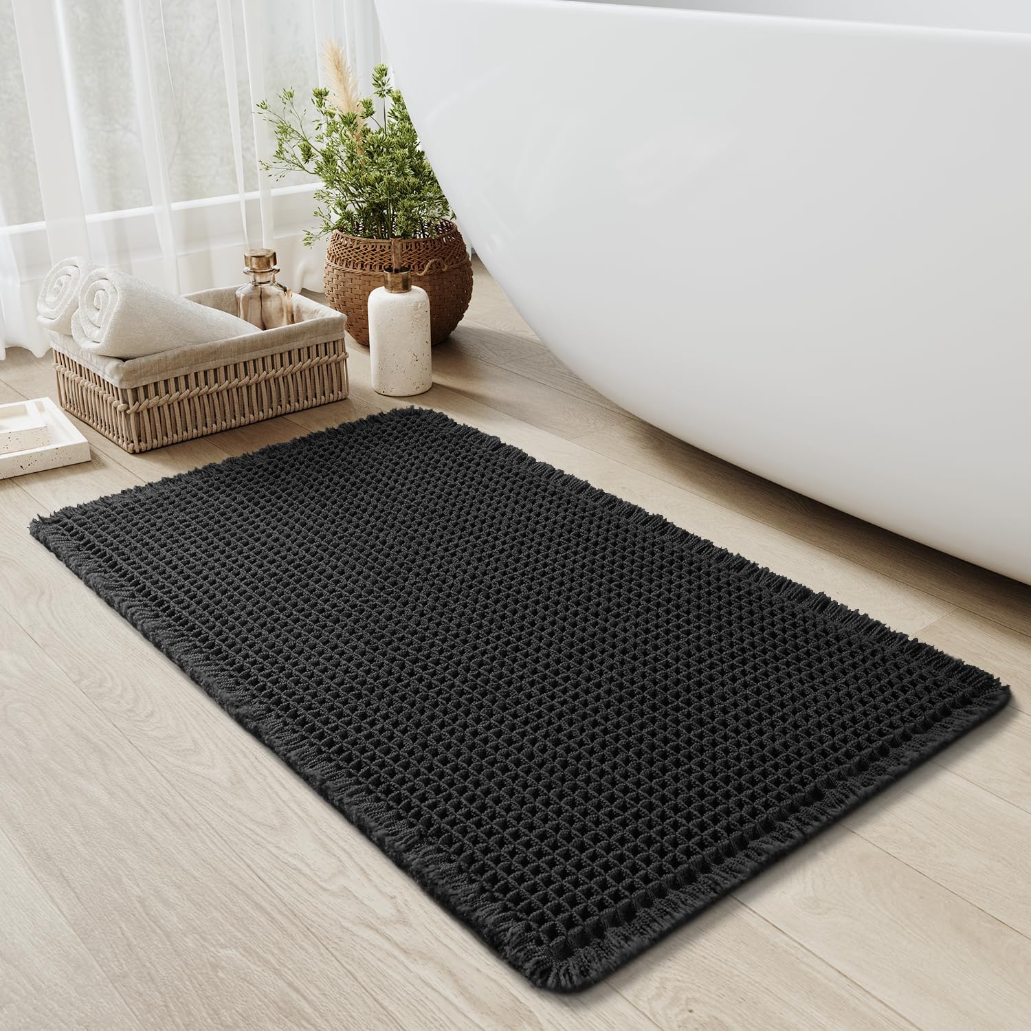 Upgraded Waffle Bath Mat Non Slip Super Absorbent Quick Dry Bath Mats for Bathroom Floor Machine Washable Bathroom Mat Ultra Soft Boho Bathroom Rugs with Tassels Beside Tub, 17" x 24", Brown — view 12
