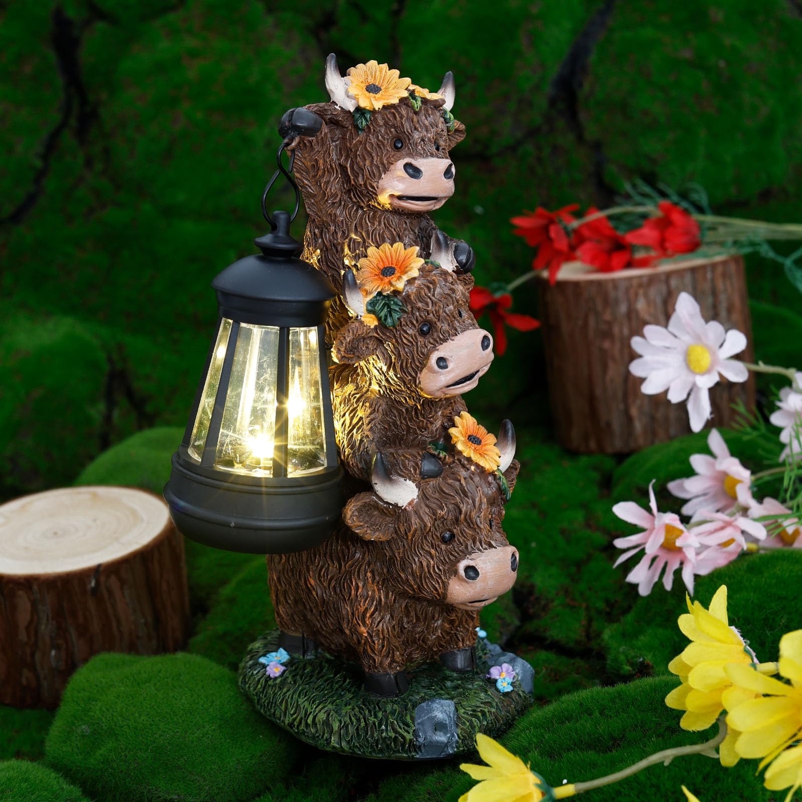 Ktcina Style2 Solar Cow Garden Statue, Resin Highland Cow Garden Ornaments With Flower Decoration Funny Solar Light Lantern Statues Figurines Decor For Outdoor Yard Patio Lawn Pathway(Style2)