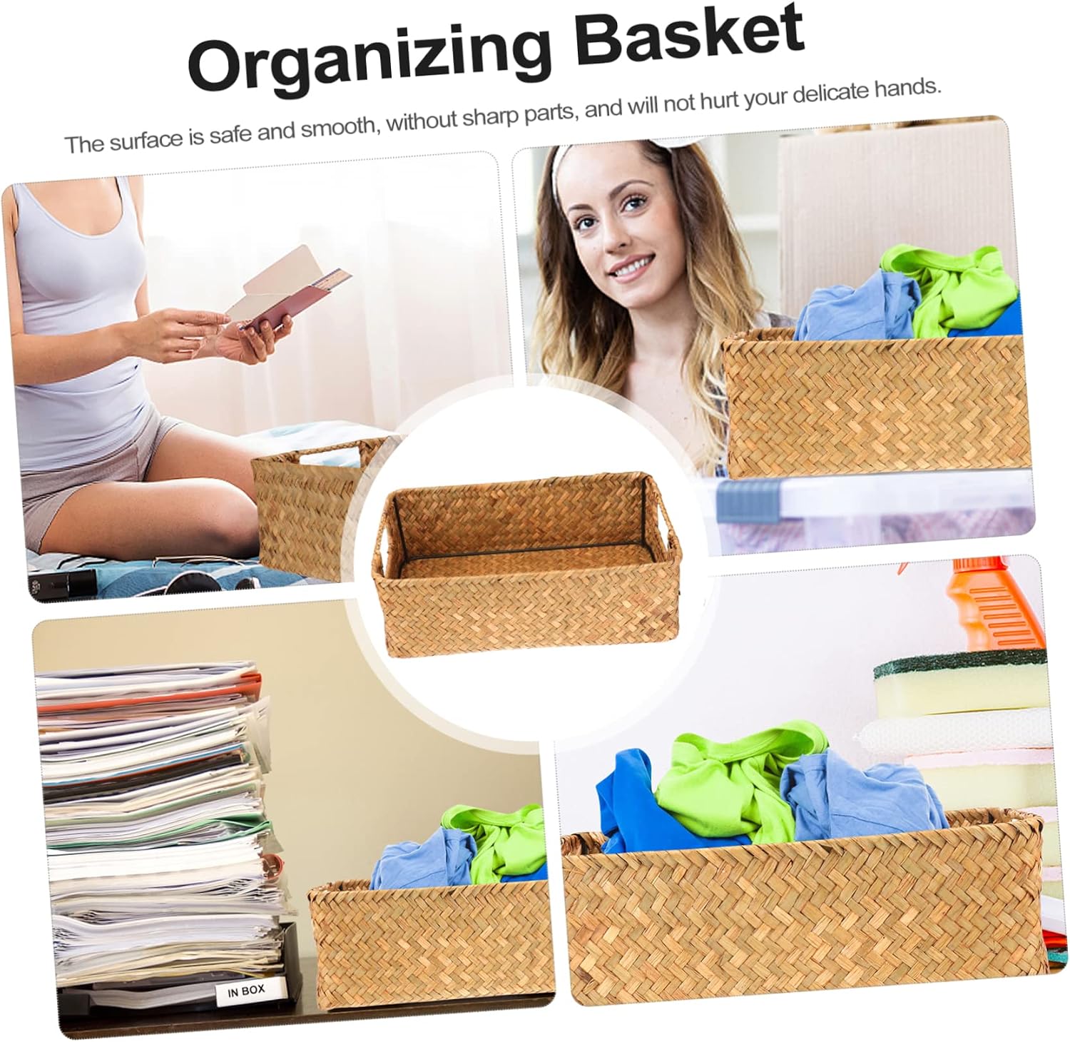 INOOMP Retro Hand-Woven Seaweed Storage Basket Rectangular Sundries Organizer Box for Home Yellow 30x20x10CM for Toys Cosmetics and Miscellaneous Items