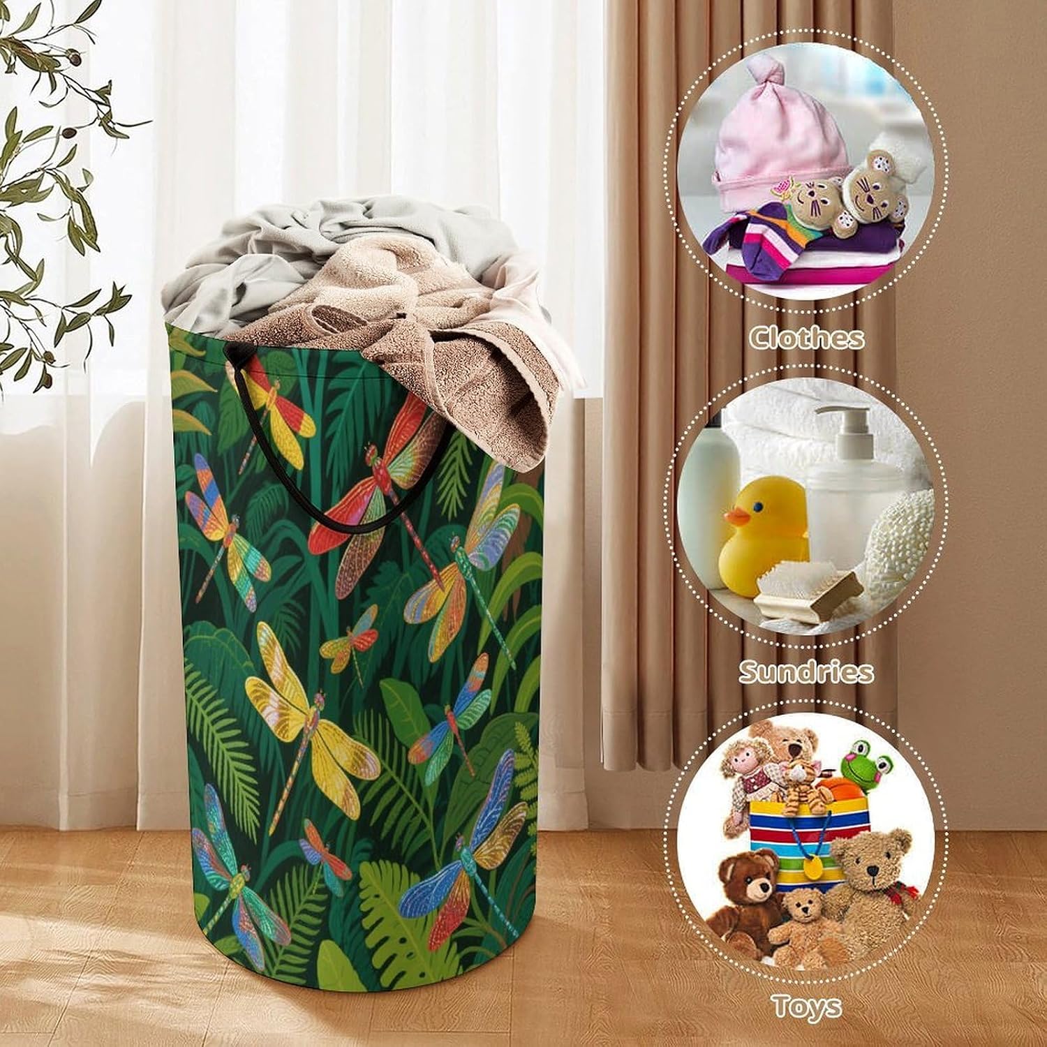 Colorful Dragonfly Print Laundry Basket 86L Laundry Hamper | Collapsible Clothes Hamper with Reinforced Handles Waterproof Tall Foldable Dirty Clothes Basket for Hotel, Home, Closet