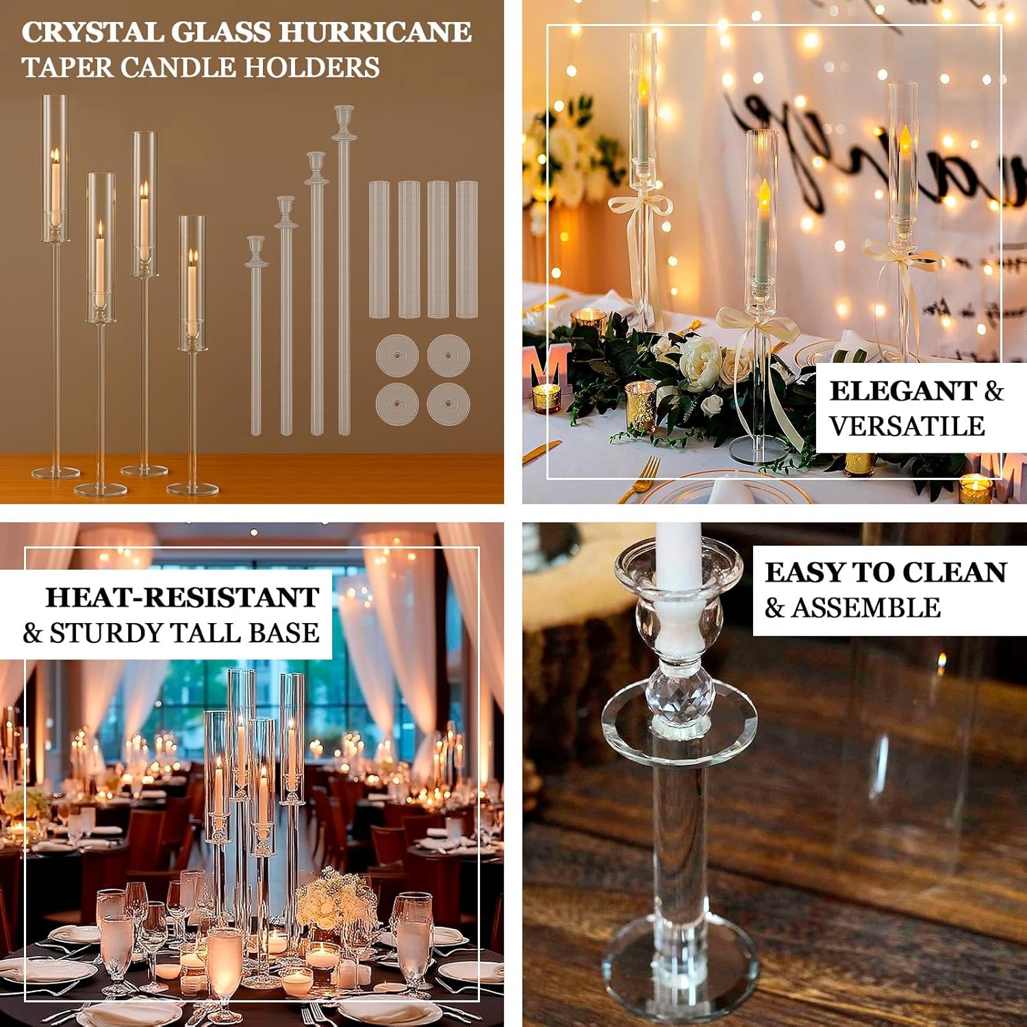 Efavormart Set of 4 Crystal Glass Hurricane Taper Candle Holders, Clear Cylinder Chimney Tubes - Decorative Tall Candle Stands 29", 33", 37", 41"