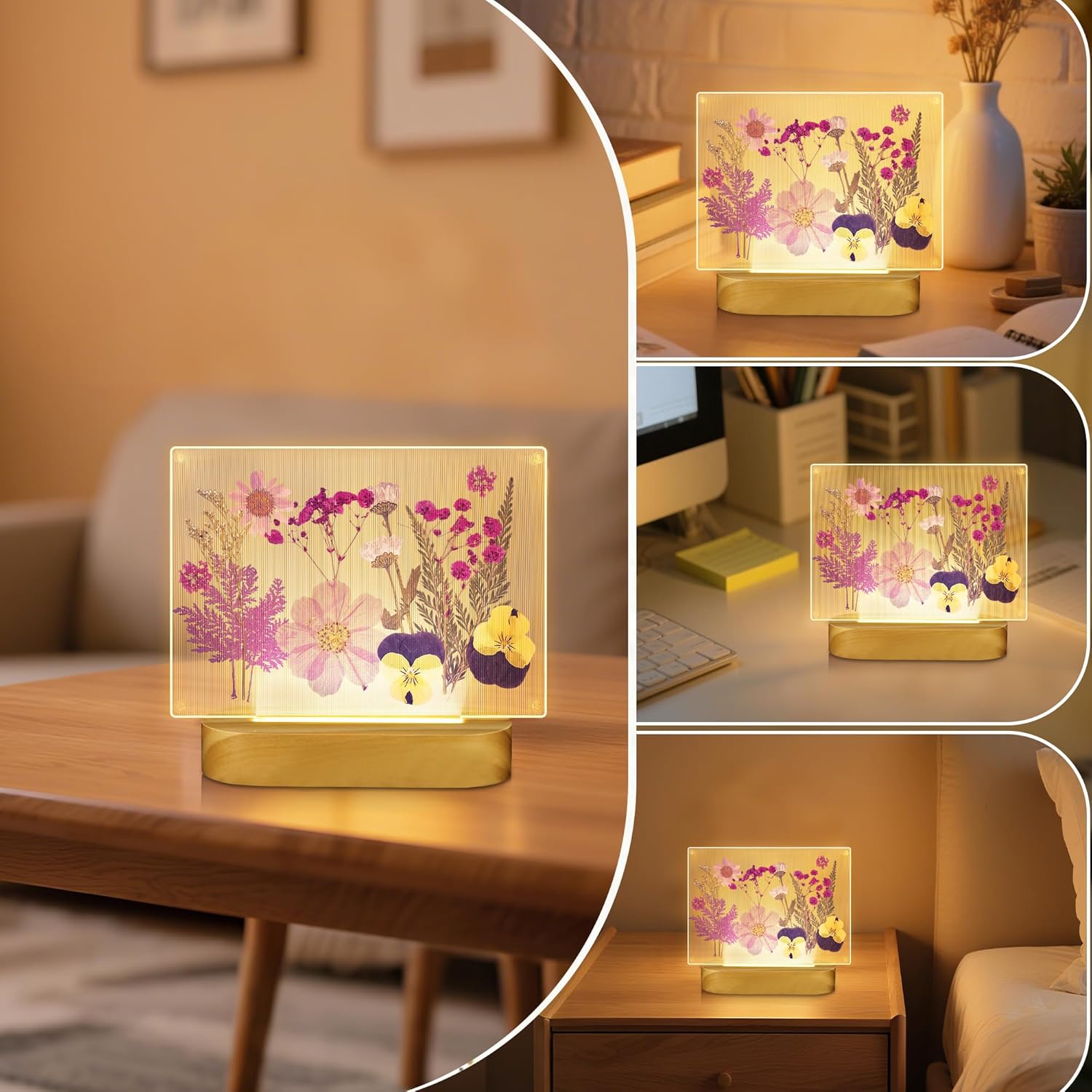 Dried Flowers Picture Frame Night Light, DIY Pressed Floral Desk LED Lamp with Wood Base, Creative Mother Day Birthday Gifts for Mom Women Girl Friend, Home Bedroom Bedside Office Table Decor