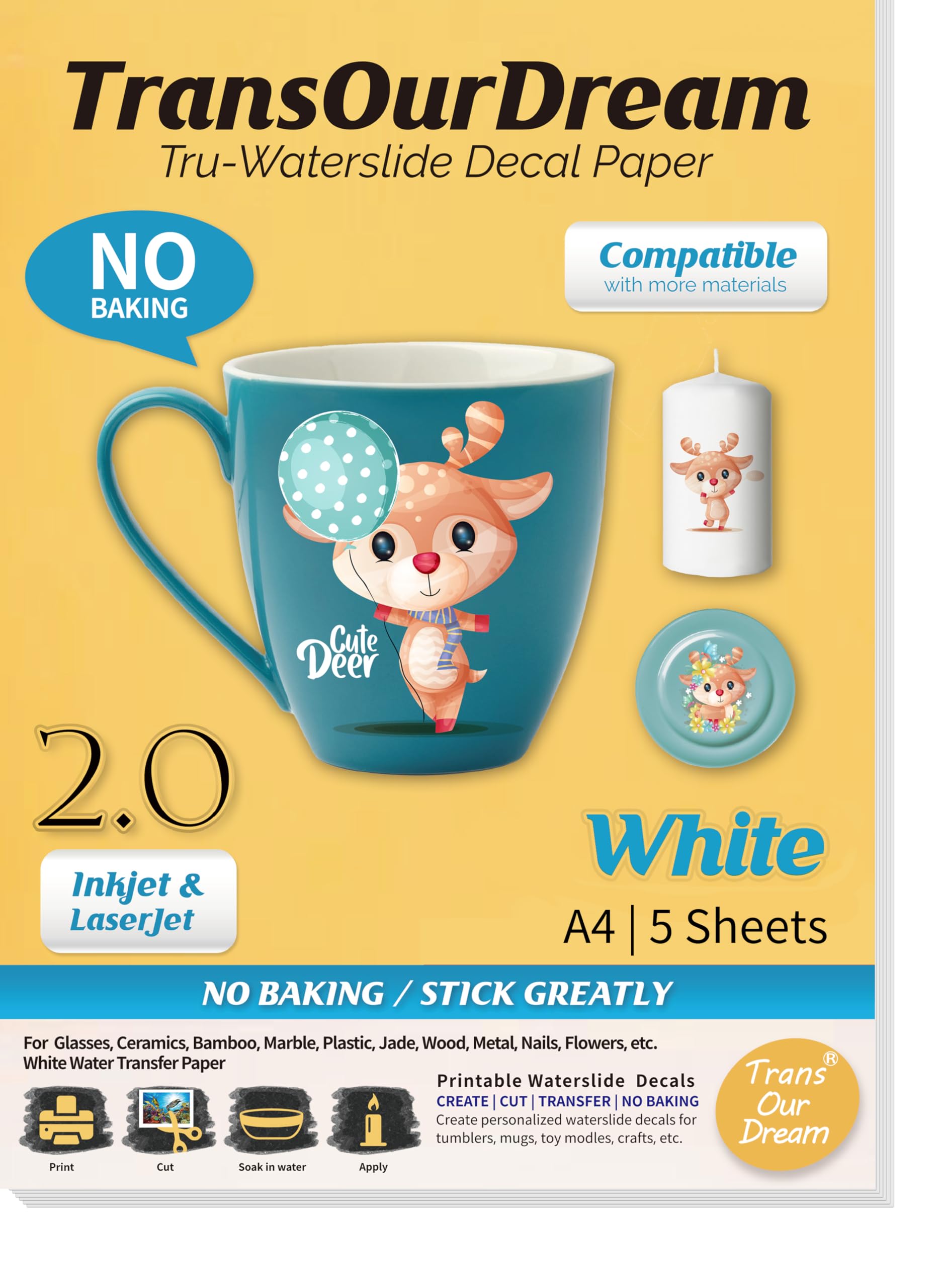 TransOurDream Inkjet &Laser Waterslide decal Transfer Paper for Tumblers, Mugs, Glasses DIY Transparent Water Transfer Paper (5 Sheets A4 WHITE 2.0)