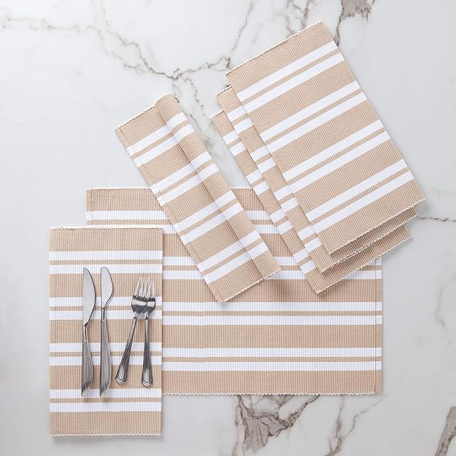 Encasa Homes Dining Placemats (Set of 6 pcs) made from Fine Ribbed Cotton - Perfect Size 48x33 cm, Smart Modern Colours & Designs, Use at Home, Cafes, Restaurants & Hotels - Franca Beige Stripes