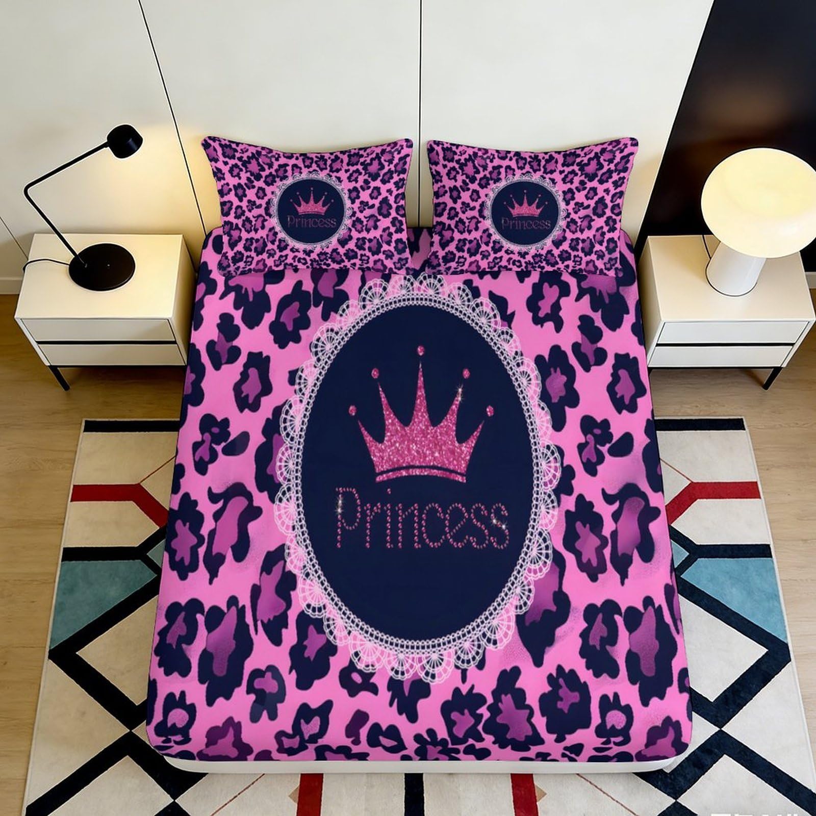 3D Printed Pink Leopard Fitted Sheet Microfiber Crown Princess Bed Cover for Bedroom Guest Room Dorm Decor 90x200x25cm