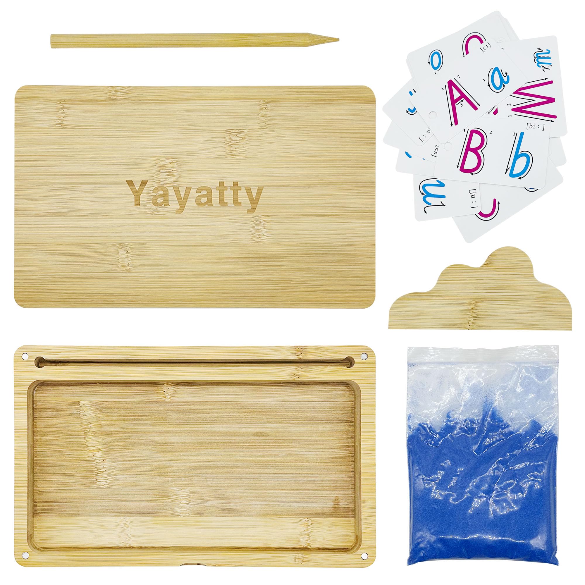 Yayatty Wooden Sand Tray with Lid for Kids Writing Letters and Numbers, Montessori Sand Writing Trays with Card, Pen for Drawing, 10.2 x 6.3 inch, Blue