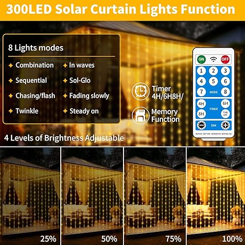 Miniatura 2 de 300 luces solares LED impermeables, 10 x 10 pies, cadena de luces parpadeantes mejoradas, control remoto, 8 modos regulables, luces de cascada