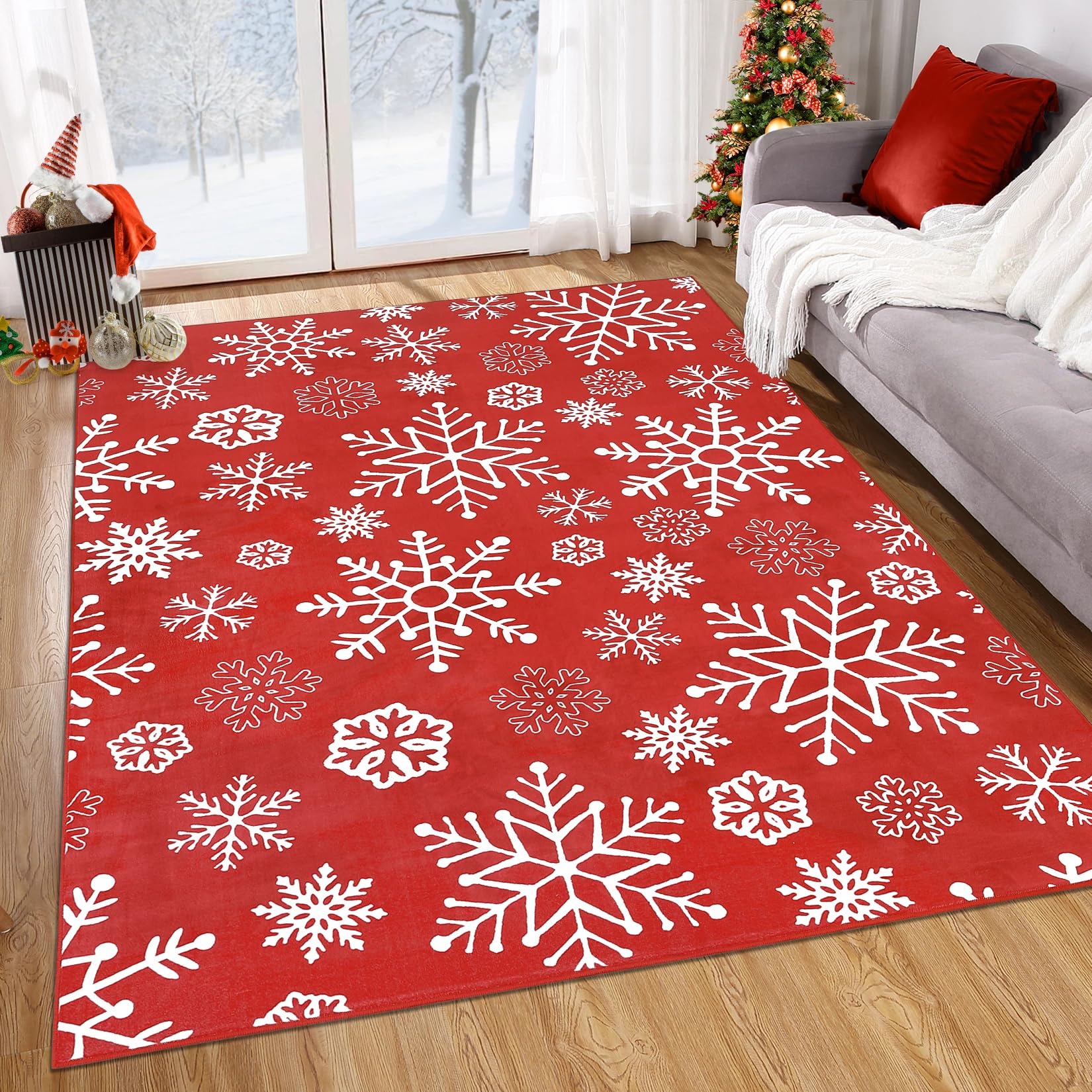 FairyStyle Christmas Living Room Rug 160x230 cm, Snowflake Design, Red