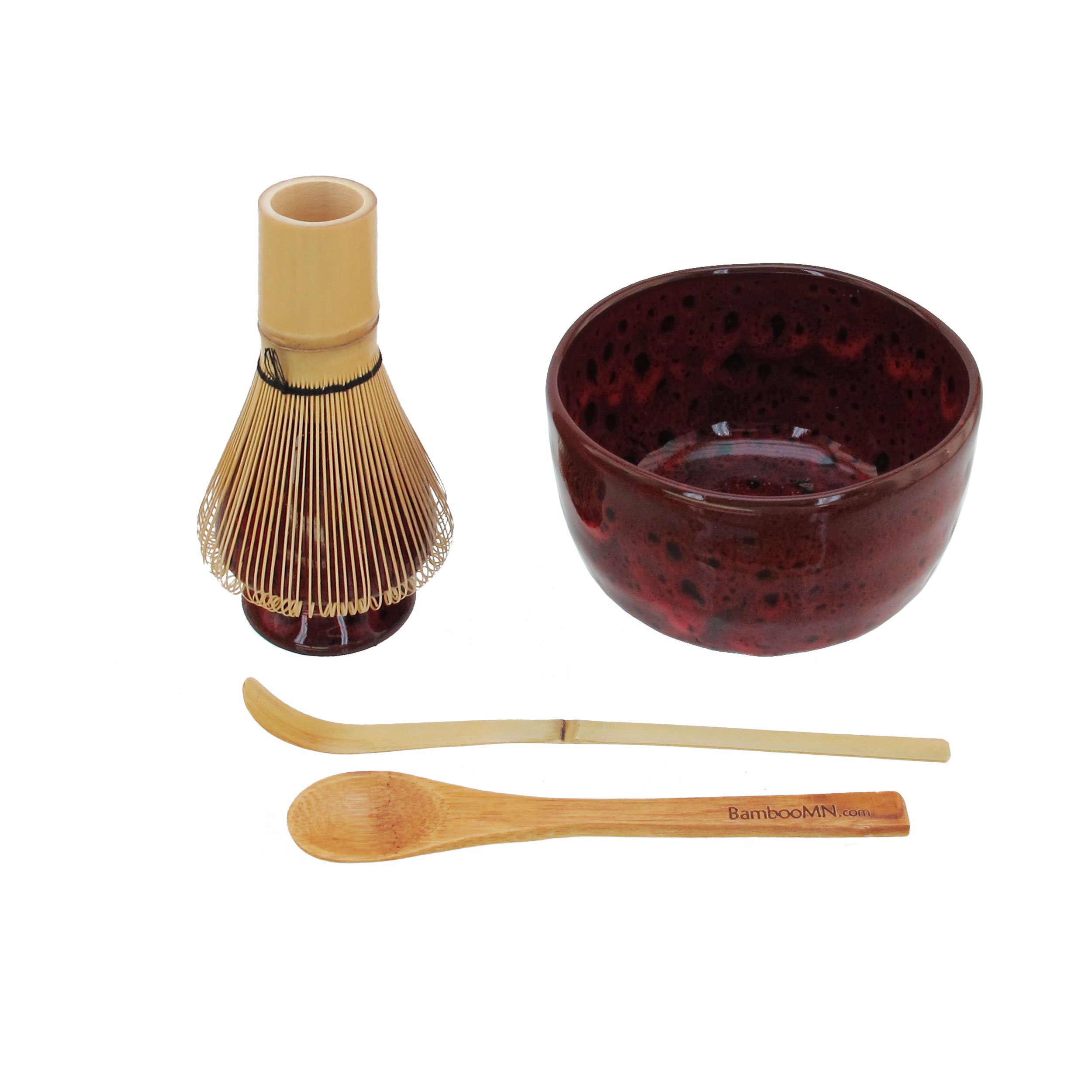 BambooMN Matcha Bowl Set (Includes Bowl, Rest, Tea Whisk, Chasaku & Tea Spoon) 1 Set Deep Red w/Black