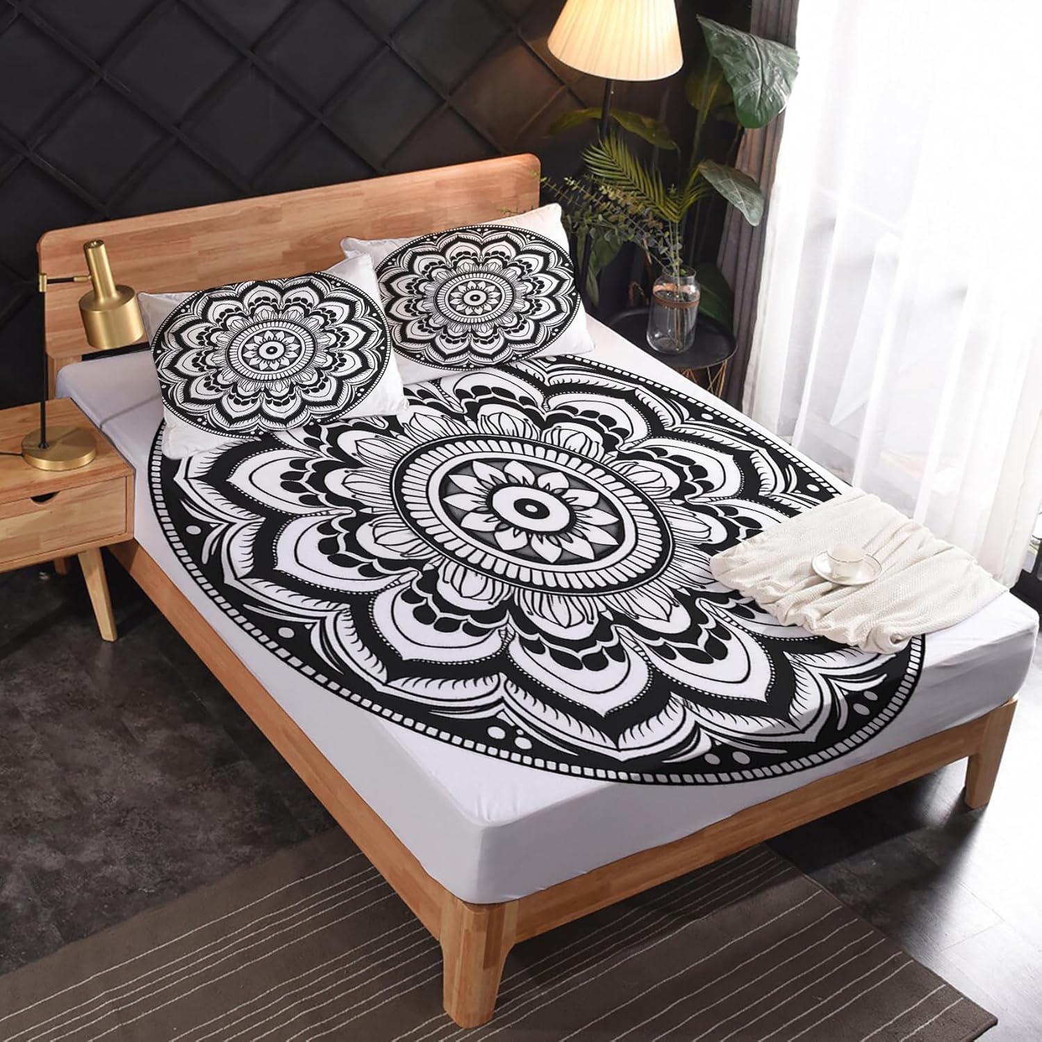 Mandala Sheets Full Size Sheet Sets - Black and White Bed Sheets, Soft Microfiber & Deep Pocket & Wrinkle Free Patterned Bedding Sheets & Pillowcases, 1 Fitted Sheet, 1 Flat Sheet, 2 Pillow Cases