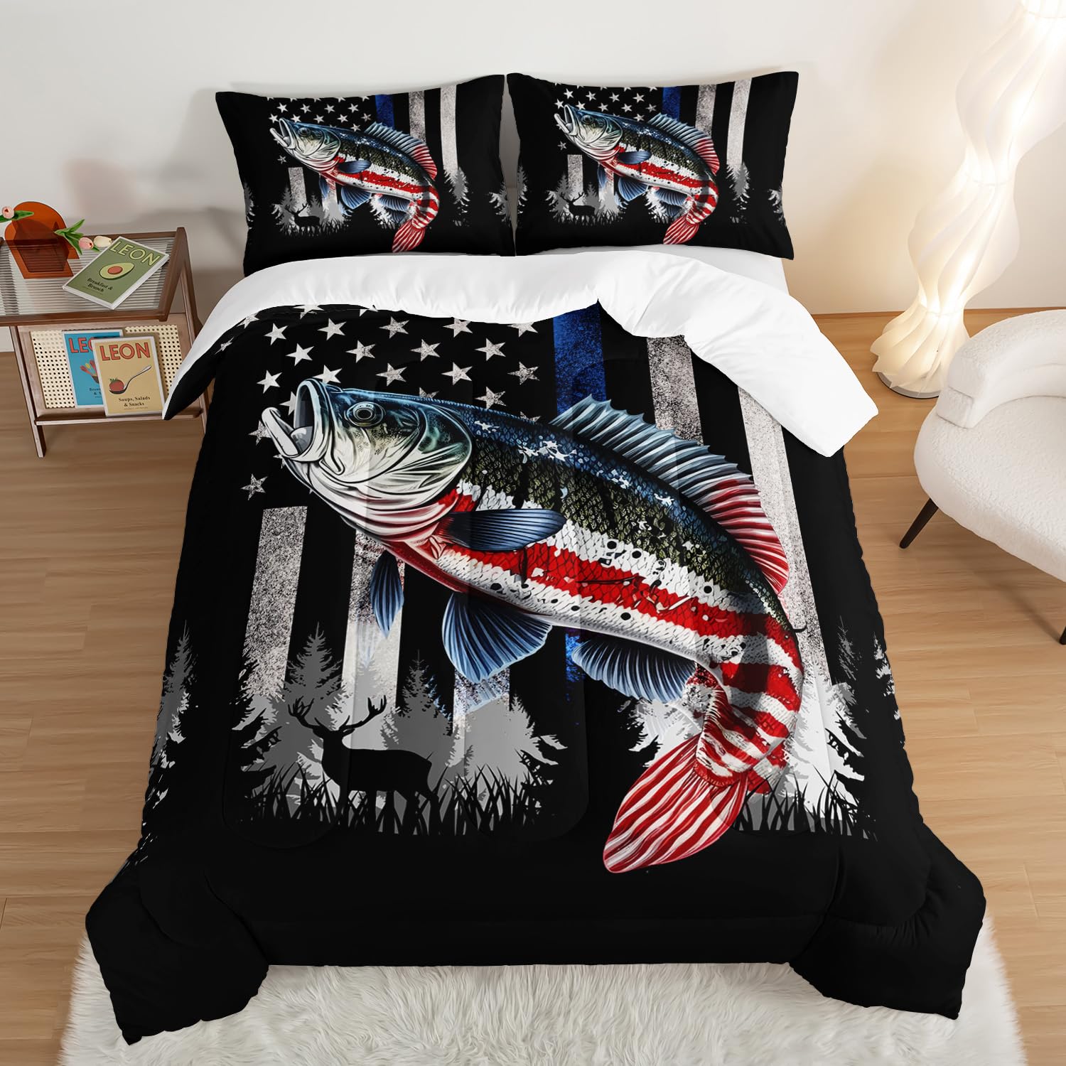 HOSIMA Soft Microfiber Black Twin Comforter with 2 Pillowcases,American Flag Striped Bass Pattern Twin Bedding Sets,Fishing Comforter Kids Men Boys Room Decor,Twin Bed in a Bag for Teens.