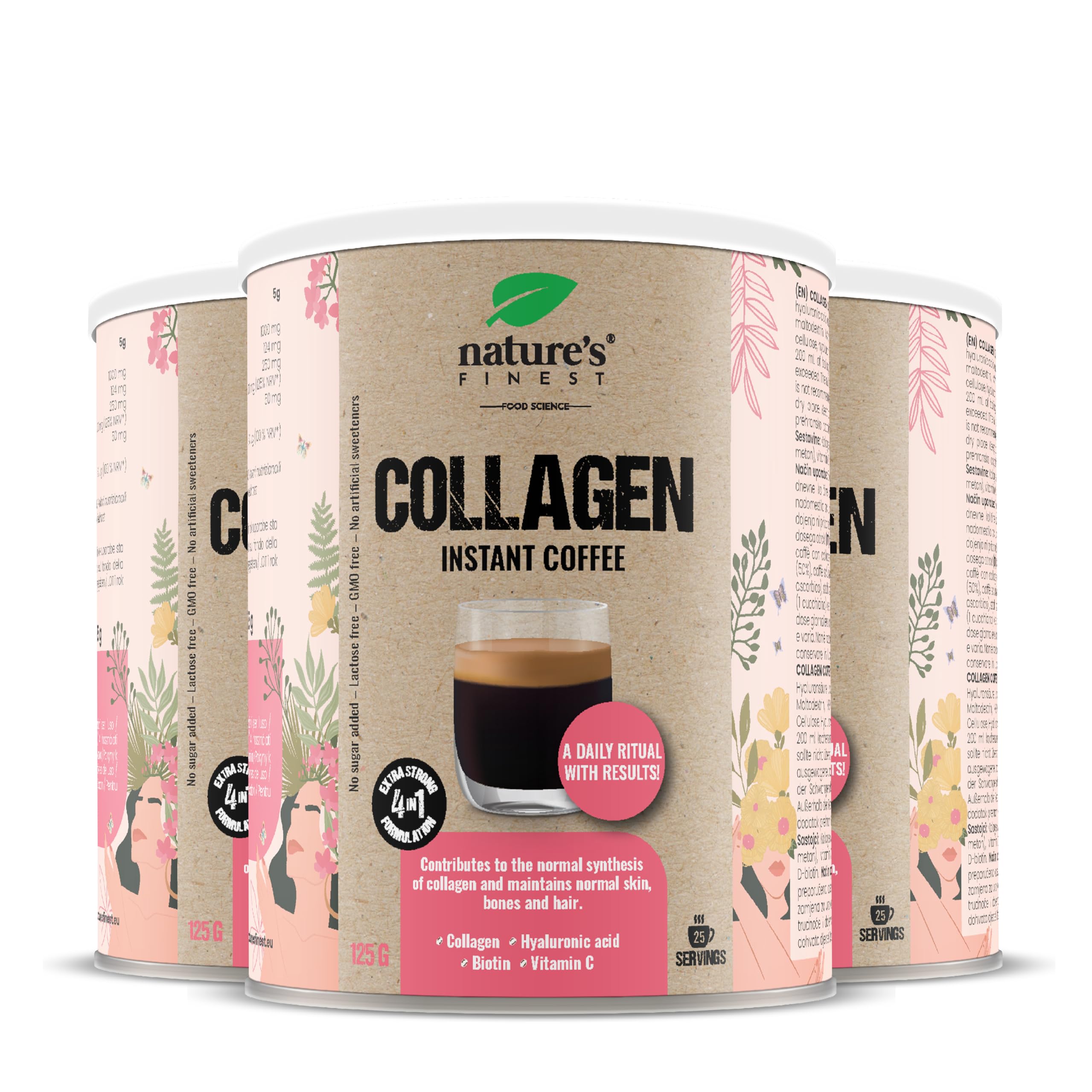 Nature's Finest Collagen Coffee 375 g (Confezione da 3) | Caffe Istantaneo in Polvere - Pronto in un Minuto - Pratica Lattina