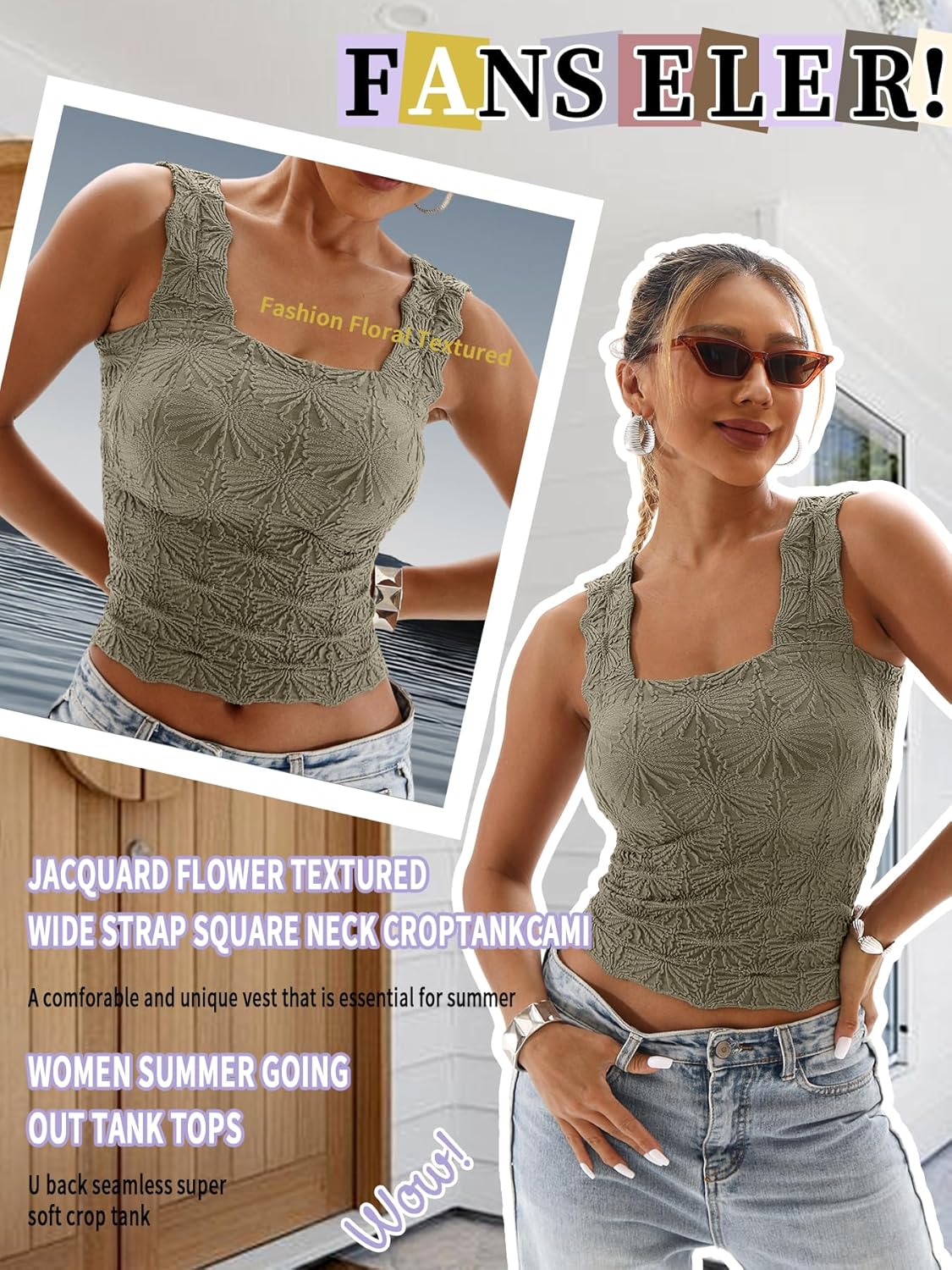 Women's Square Neck Tops Slim Fit Sleeveless Wide Strap Crop Tank Tops Lettuce Trim Crop Cami Tops with Floral Jacquard - Image 4