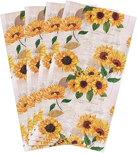 Juego de 4 paños de cocina reversibles para secar platos, diseño retro de flores amarillas y girasoles, juego de 4 paños de mano de algodón, paños
