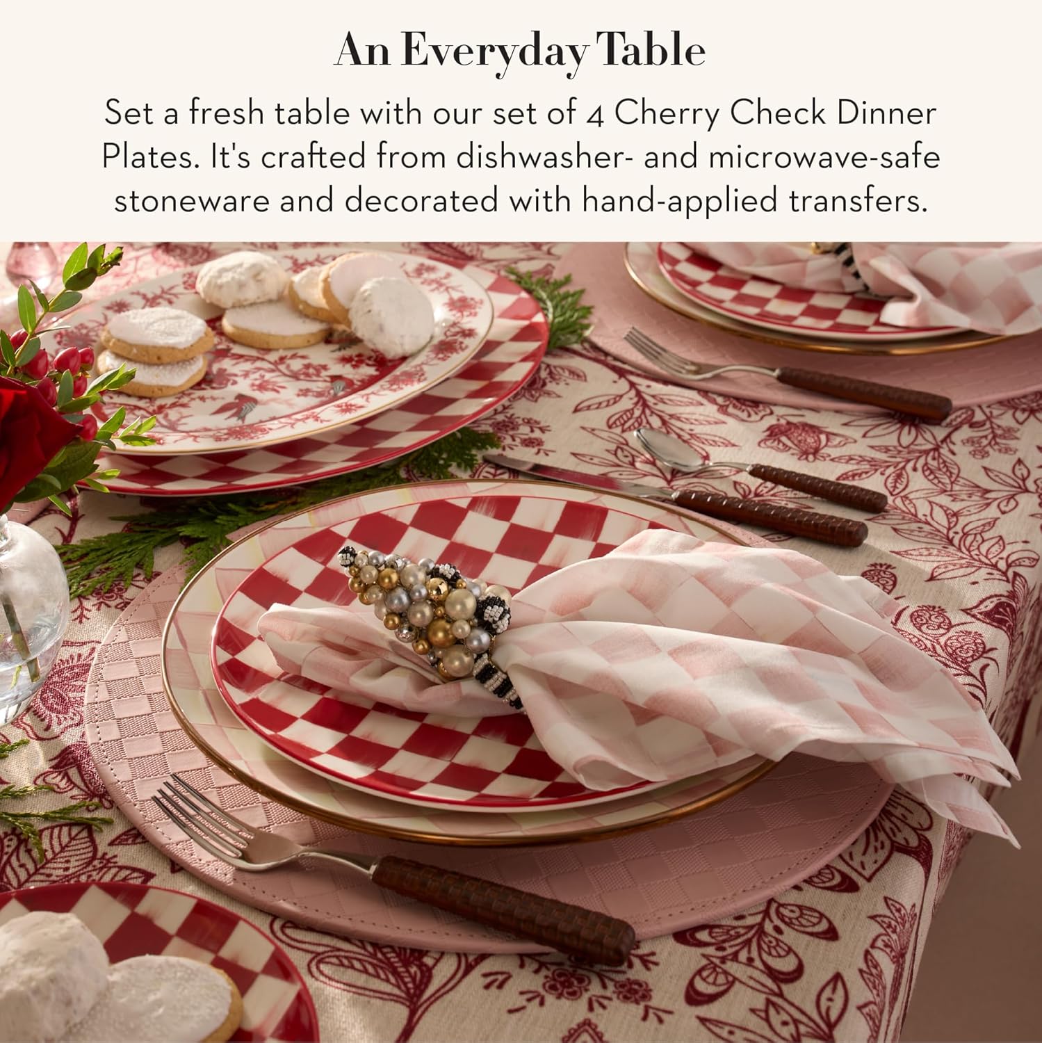 MACKENZIE-CHILDS Set of 4 Stoneware Dinner Plates, Dishwasher- and Microwave-Safe Plates, 10.5 Inches, Red-and-White Cherry Check