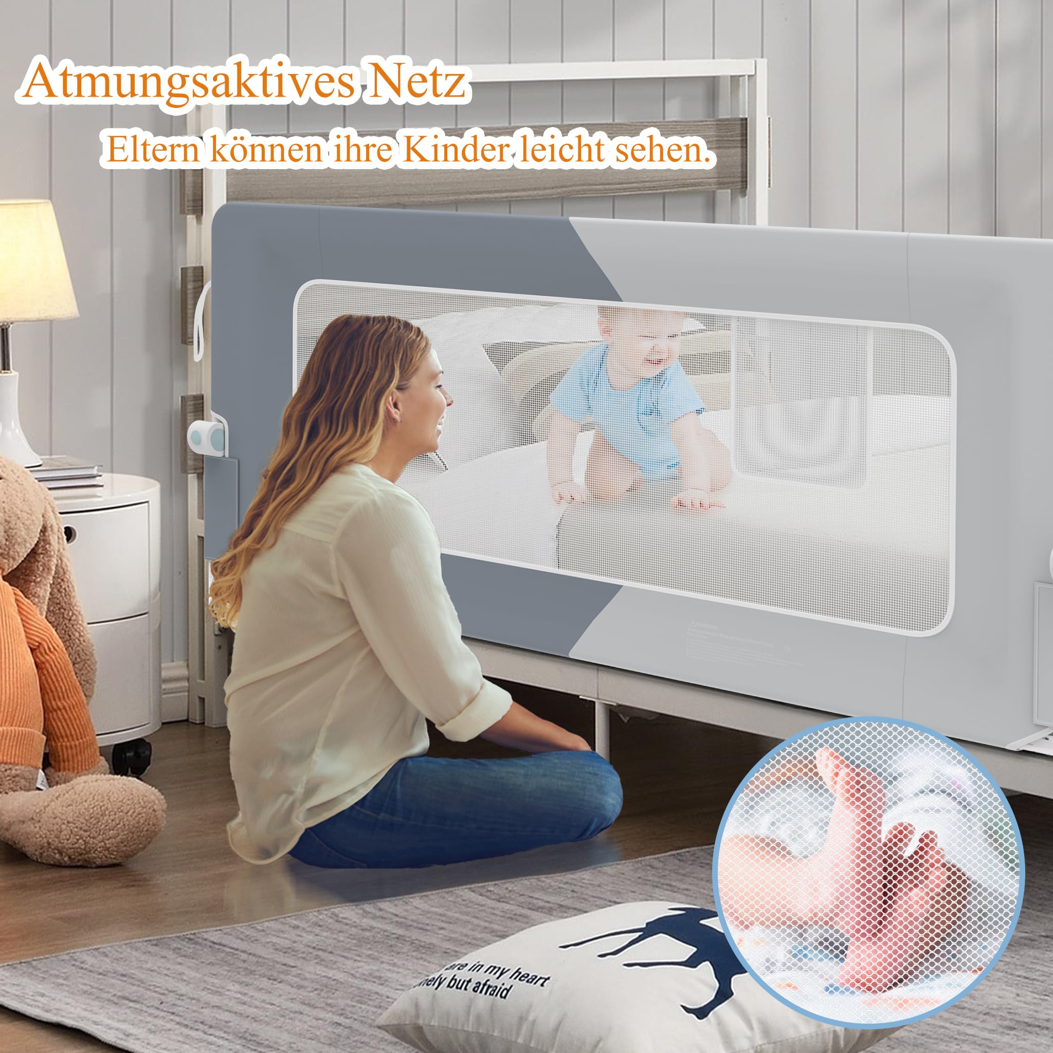HENGMEI Zanzariera per letto da 150 cm, pieghevole a 180 gradi, rete traspirante regolabile in altezza (grigio + grigio chiaro)