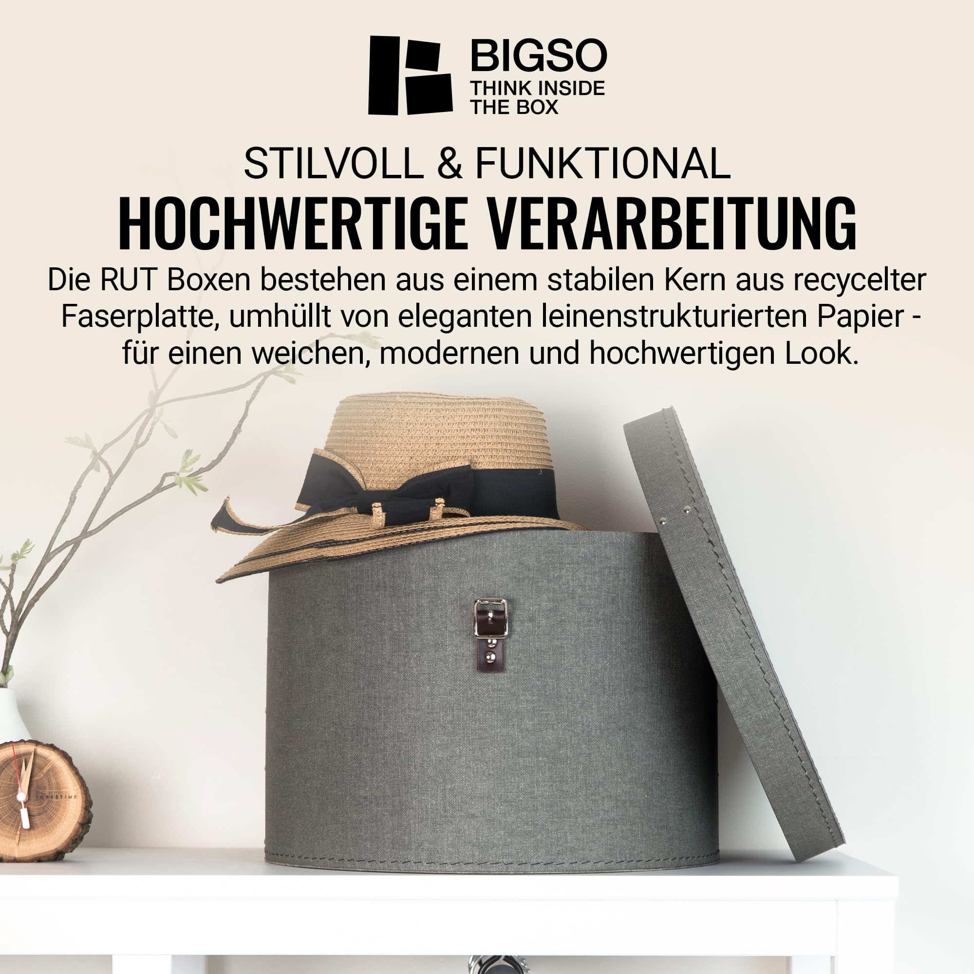 BIGSO RUT 2er-Set Aufbewahrungsbox mit Deckel – runde Ordnungsbox mit Lederriemen – große und kleine Hutschachtel aus Faserplatte und Papier in Leinenoptik – grau