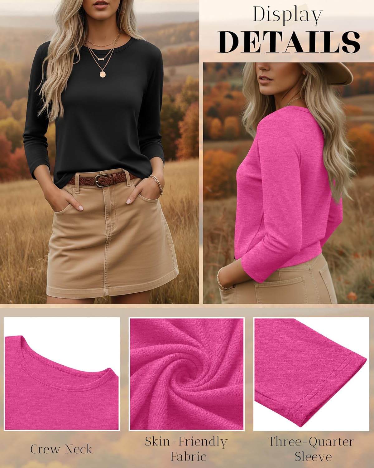 Ficerd 3 Pack 3/4 Sleeve Tops for Women Round Neck Dressy Basics Tees Casual Trendy Loose Fit T Shirts - Image 5