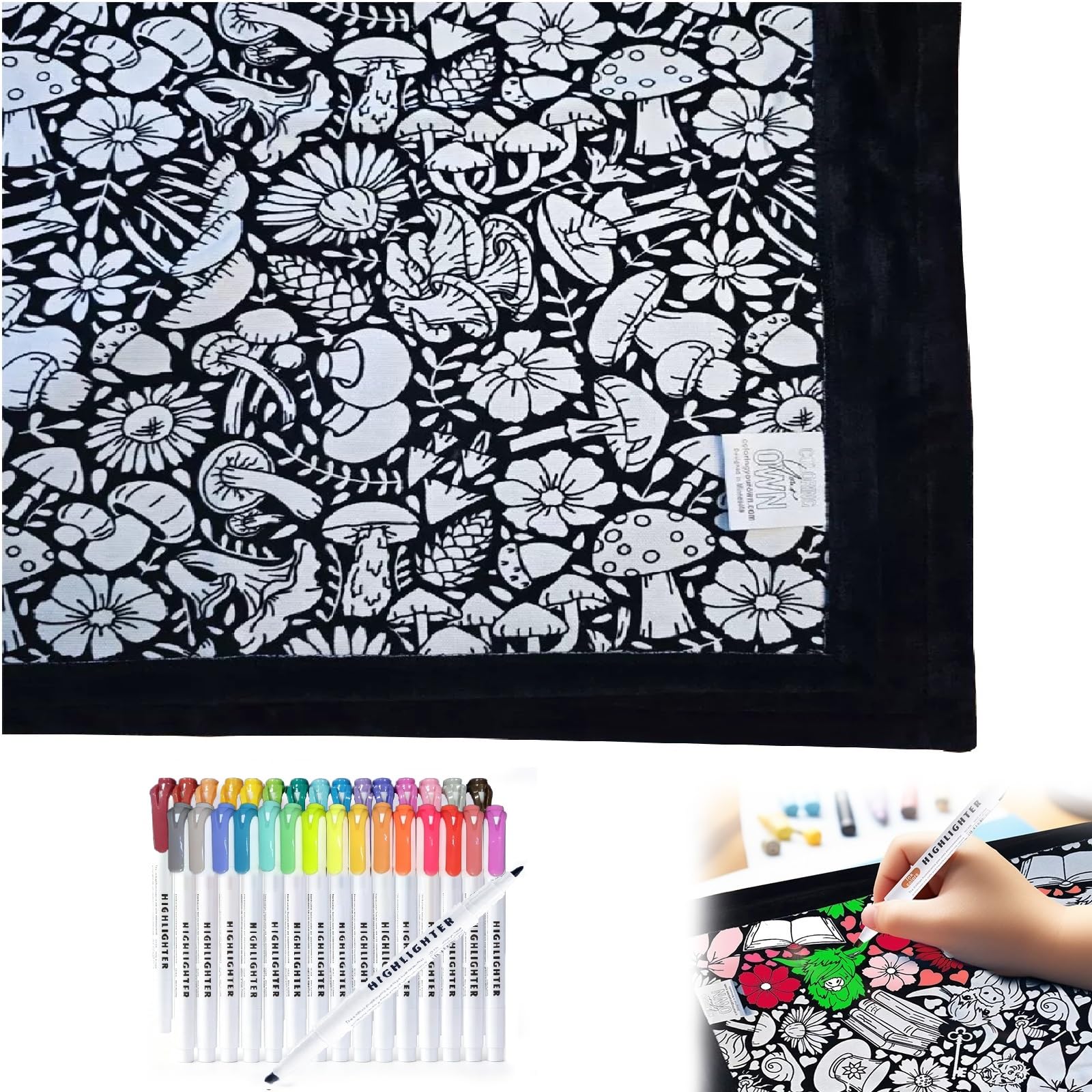 rovian DIY Colouring Blanket for Adults with 30 Double-Ended Markers, Washable Colour Your Own Soft Throw, Colour Blanket with Pens for Adults, Personalised Home Decor for Bedroom (Mushroom)