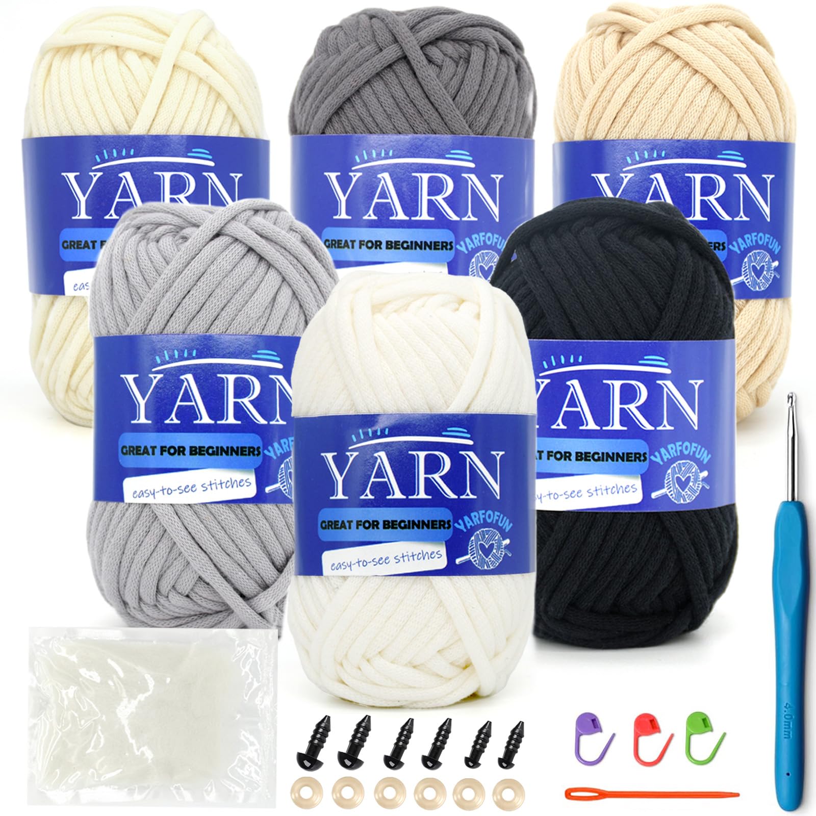 Beginner Crochet Yarn Kit - 15 Colors, Medium 4 Weight, Includes Hooks, Needles, Stitch Markers & Bag