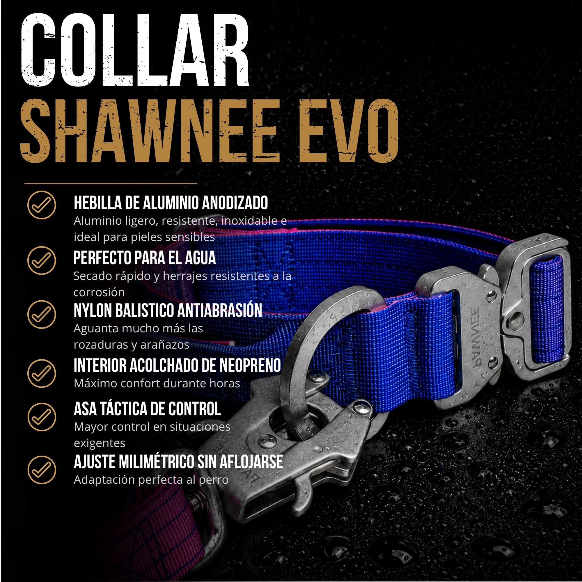 PAWNEE - Collar Táctico para Perros Inoxidable, Hebilla de Aluminio hipoalergénica con Nylon Balístico Antiabrasivo y Resistente a Rozaduras, Interior Acolchado (Set_Collar_EVO_38 mm | Verdazul S)