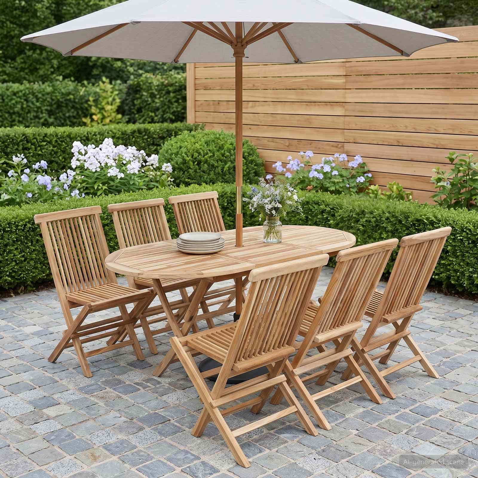 Fengshui Set di mobili da giardino in teak, 7 pezzi, in legno massiccio naturale | Design pieghevole, piano del tavolo lamellare, foro per ombrello integrato, stile moderno